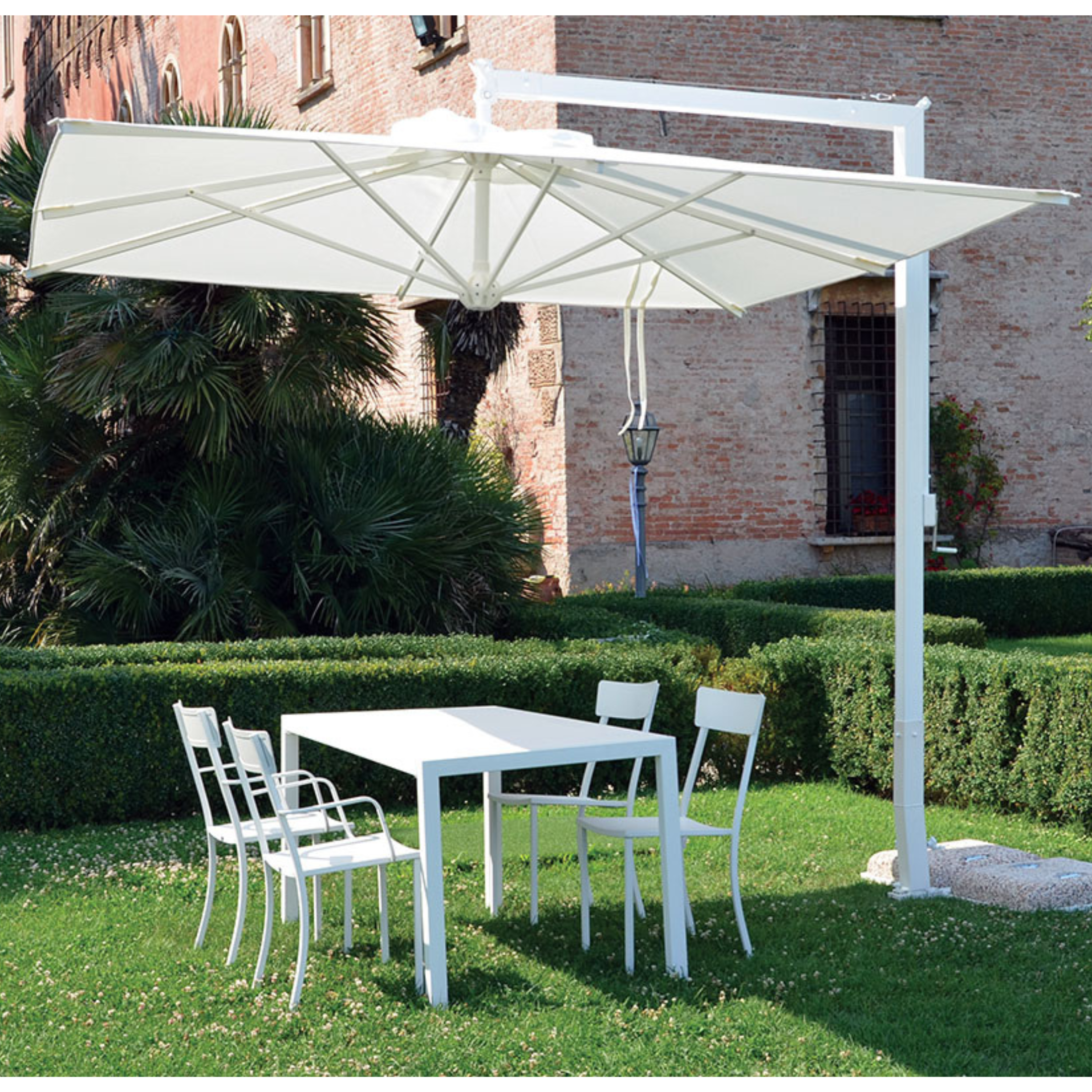 Modern white garden umbrella "Diffusion Classic" fixed and rotating side pole