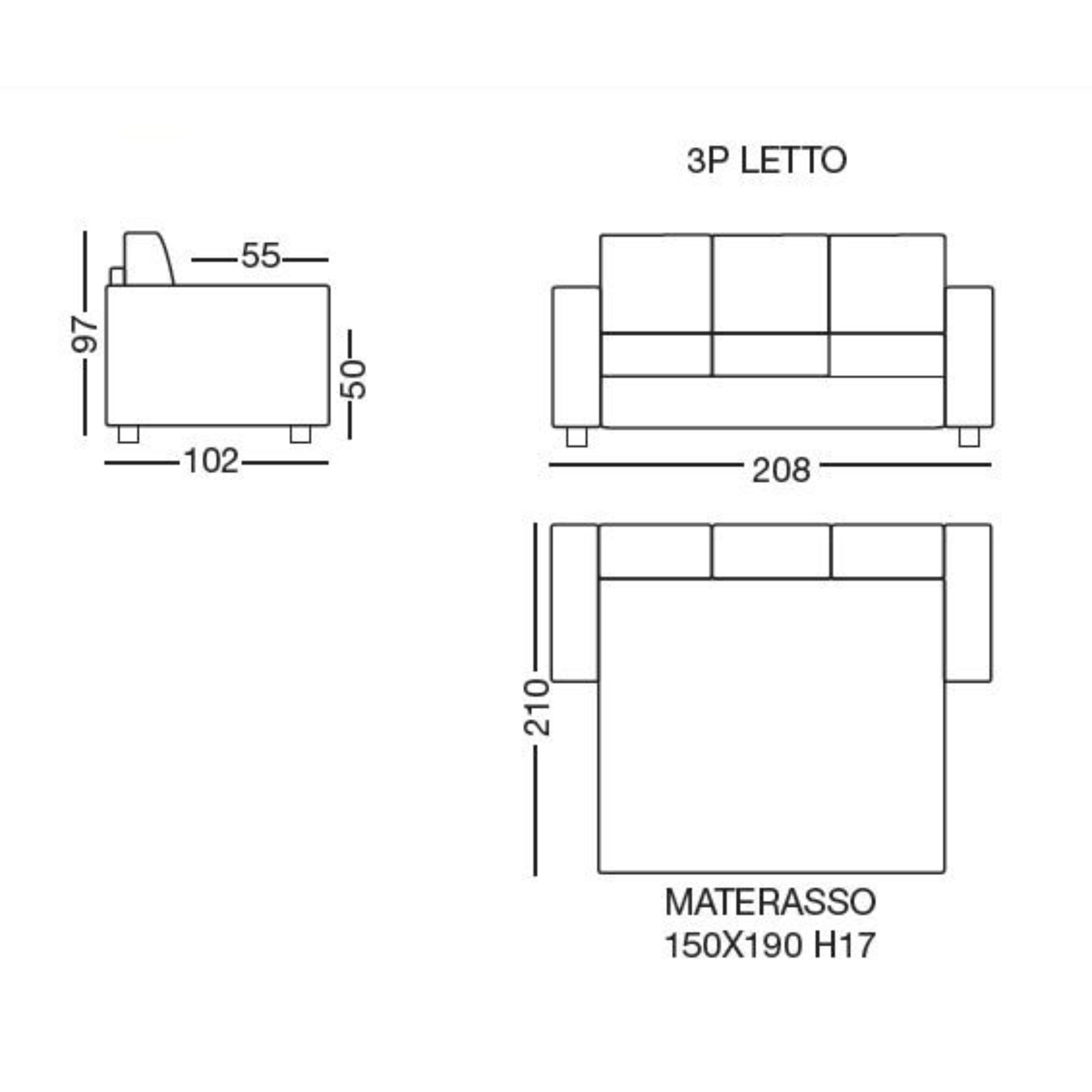 "Turchese" 3-seater double sofa bed, water-repellent and stain-resistant fabric, 208x102 cm, 97h