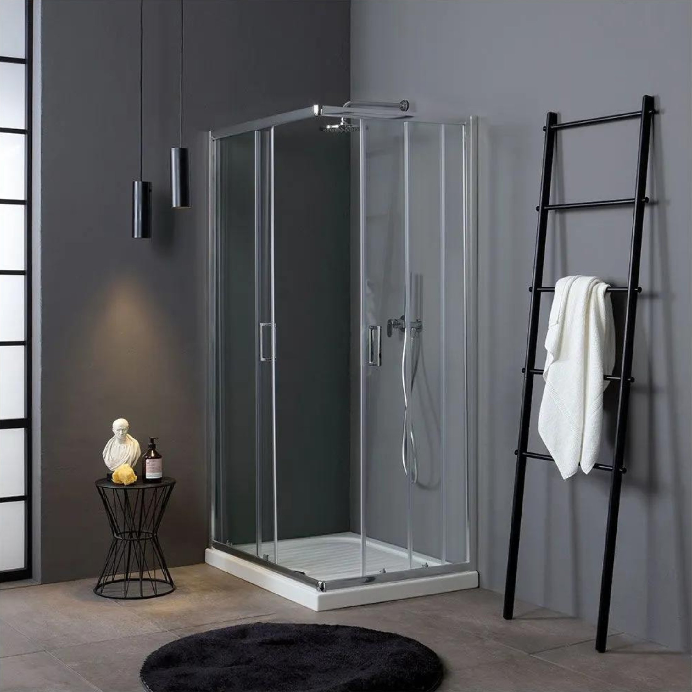 "Lima" sliding corner shower enclosure in glass and chromed aluminum, 185 cm high