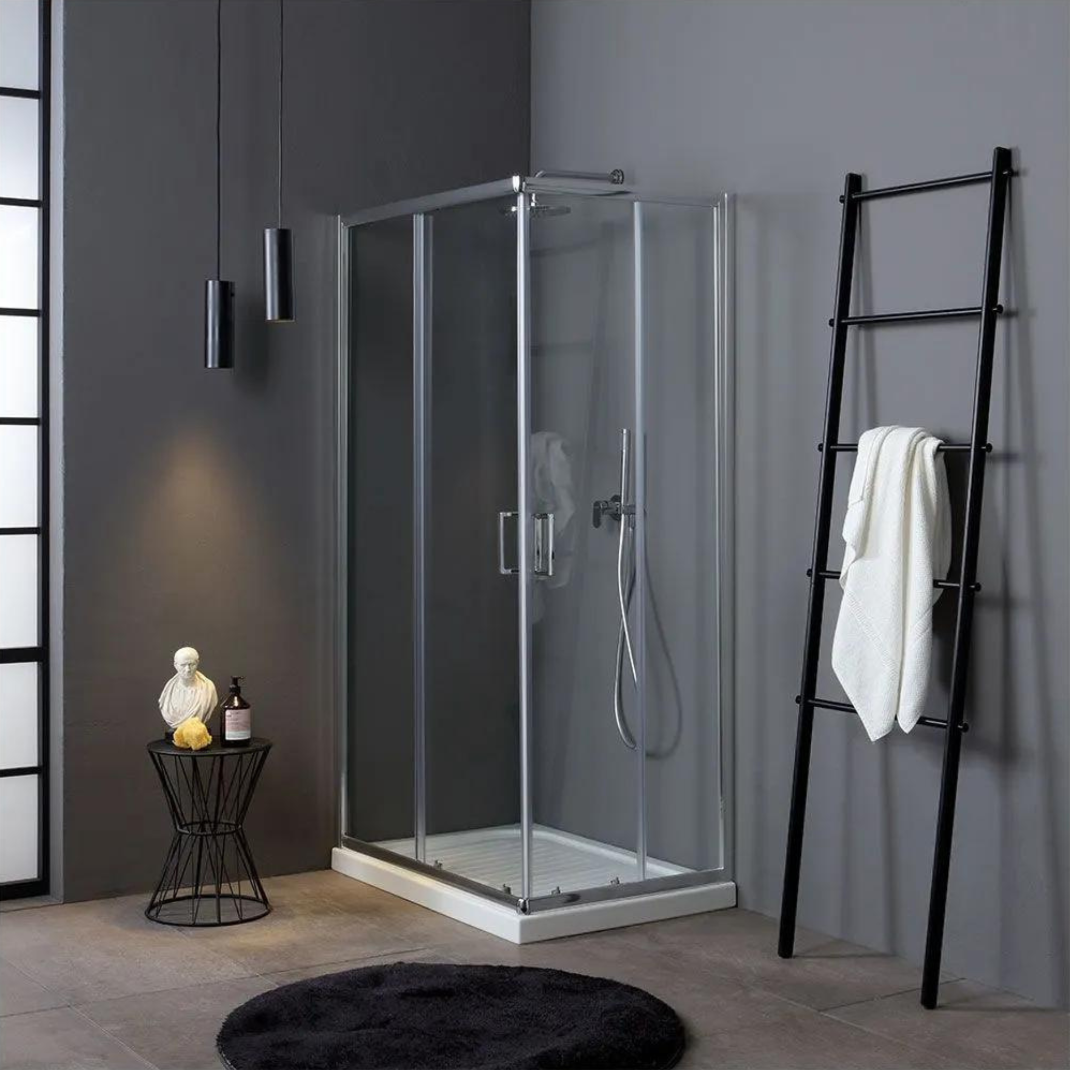 "Lima" sliding corner shower enclosure in glass and chromed aluminum, 185 cm high