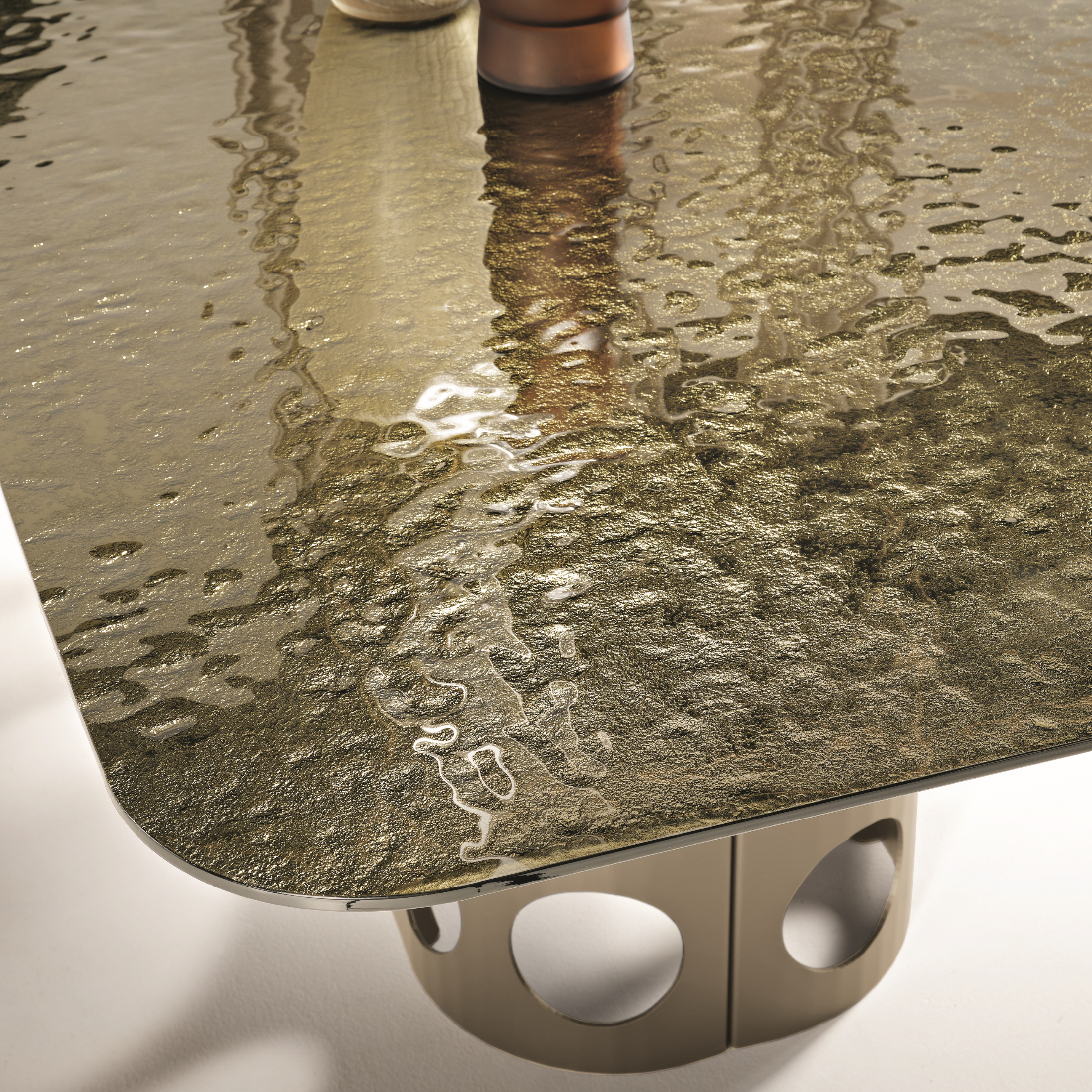 Fixed modern table "Ready" in hammered glass with painted metal base, 210x110 cm, 75 cm high