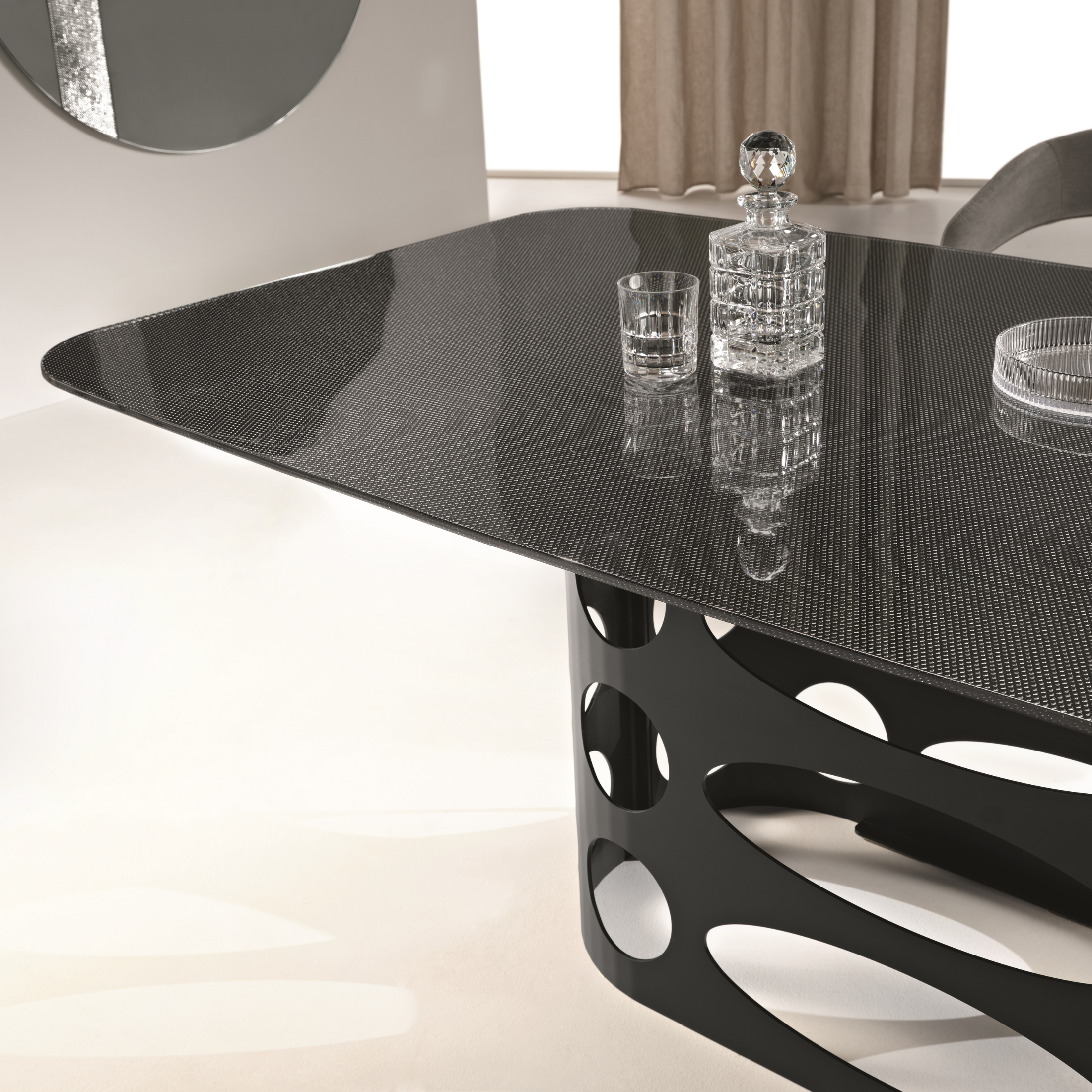 Fixed modern table "Clover" with wired glass top and painted metal base, 210x110 cm, 75 cm high.