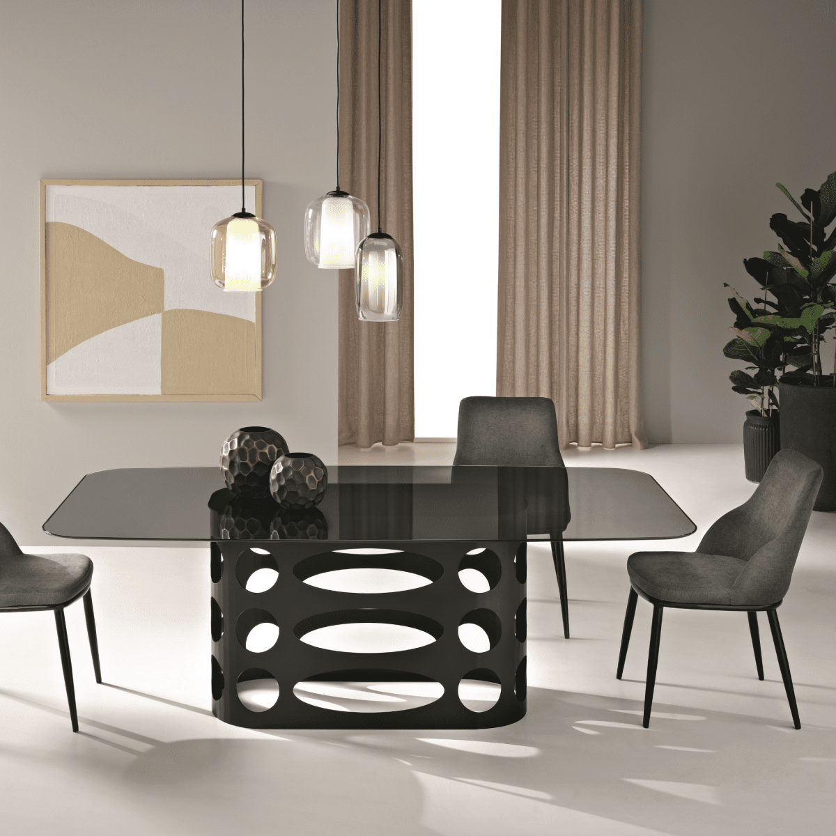 Tavolo fisso moderno "Unico" in vetro liscio fumè trasparente e base in metallo verniciato cm 210x110 75h - MondoViro