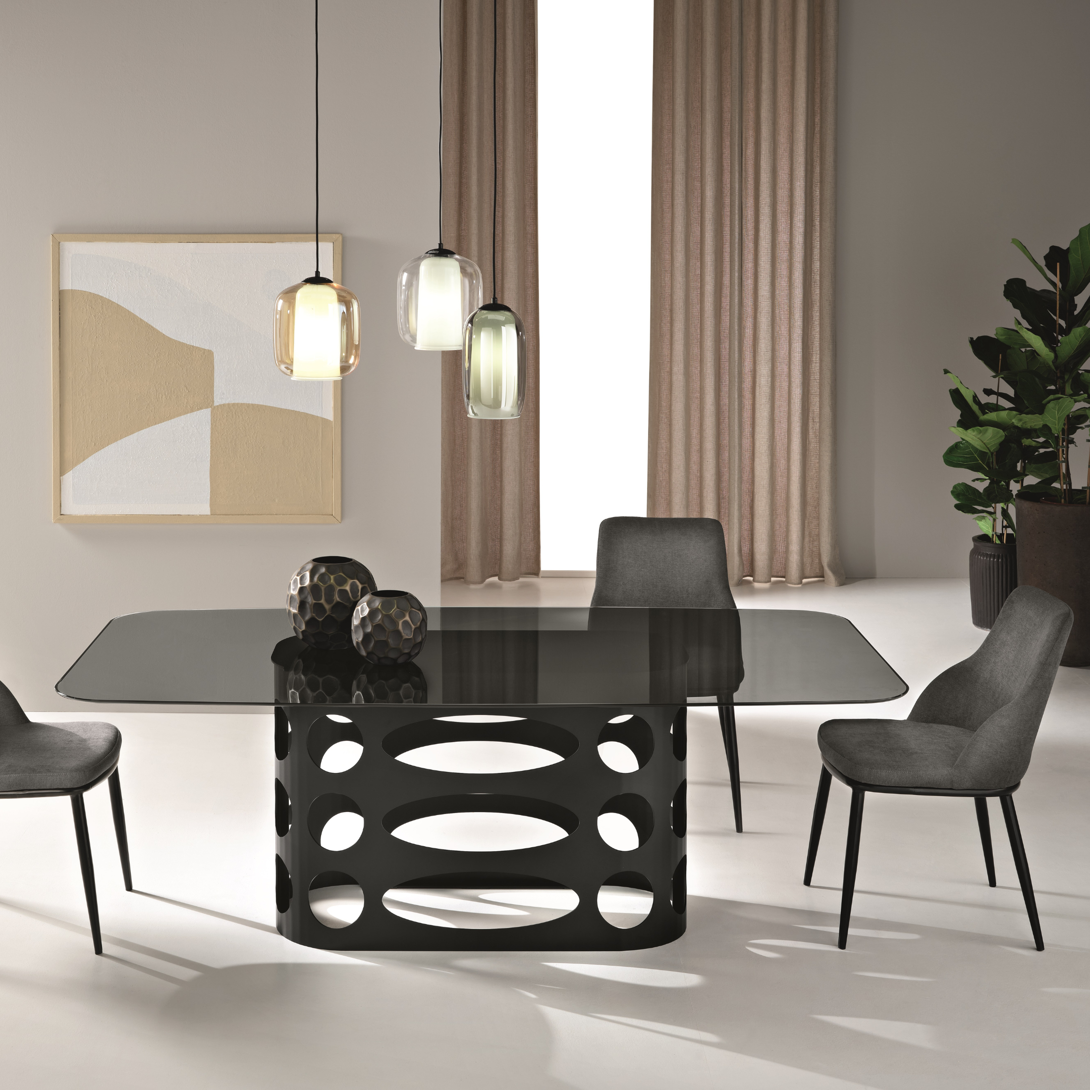 "Unico" modern fixed table in smooth transparent smoked glass and painted metal base 210x110 cm 75h