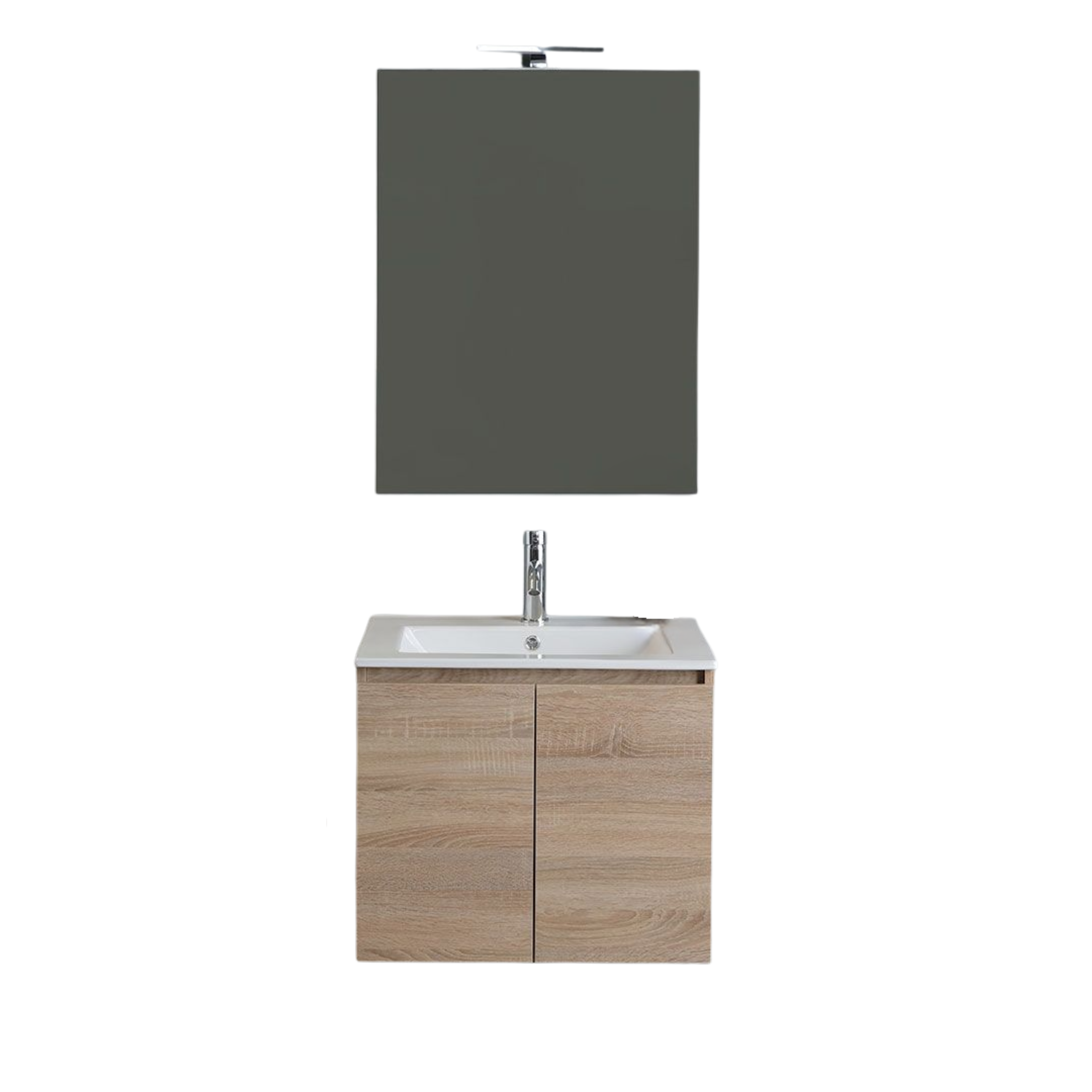 60cm "Belize" oak wall-hung bathroom cabinet with 2 ceramic sink doors and 60x80cm mirror