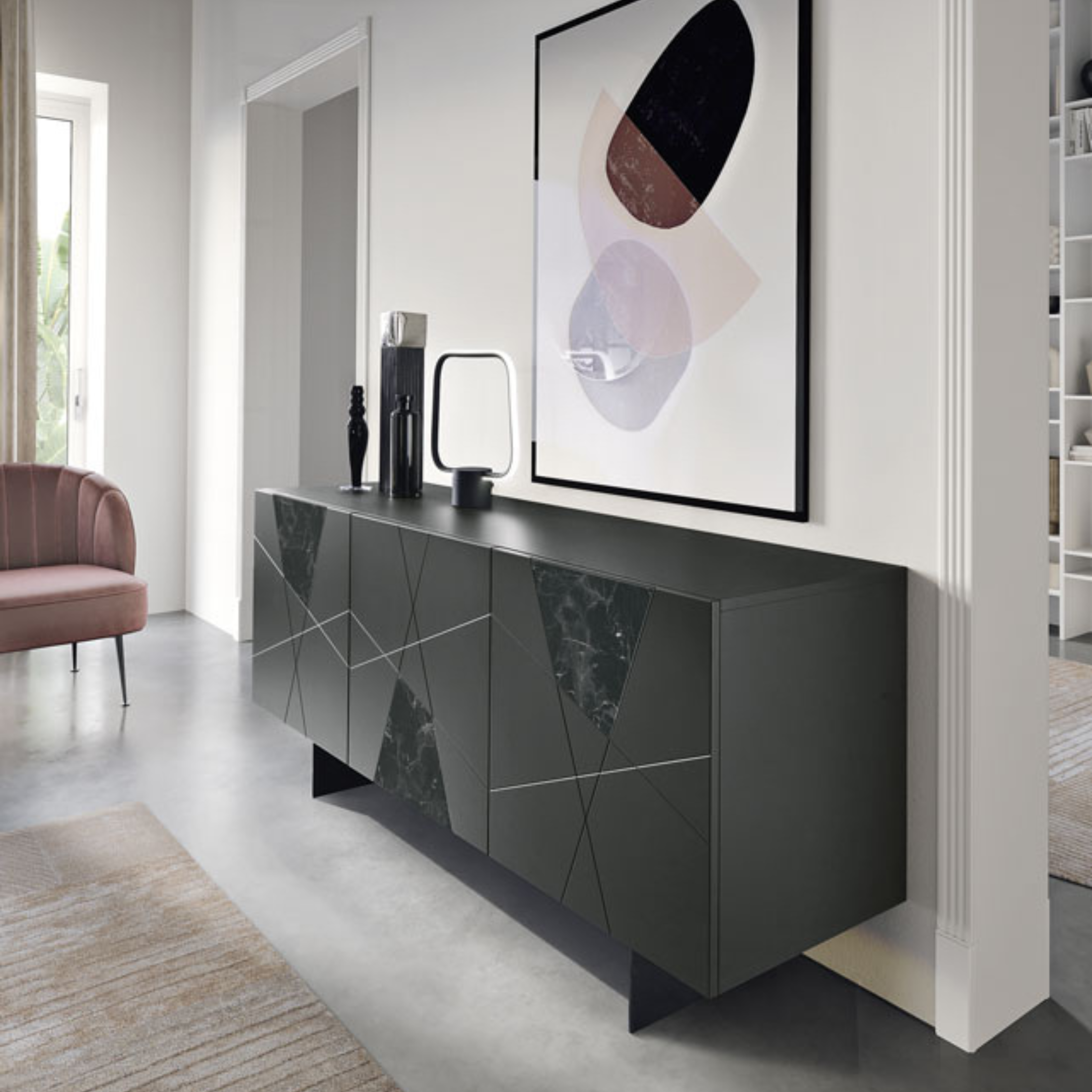 Modern 3-door "Adelaide" sideboard in wood with marble-effect glass inserts, 180x50 cm, 80 cm high