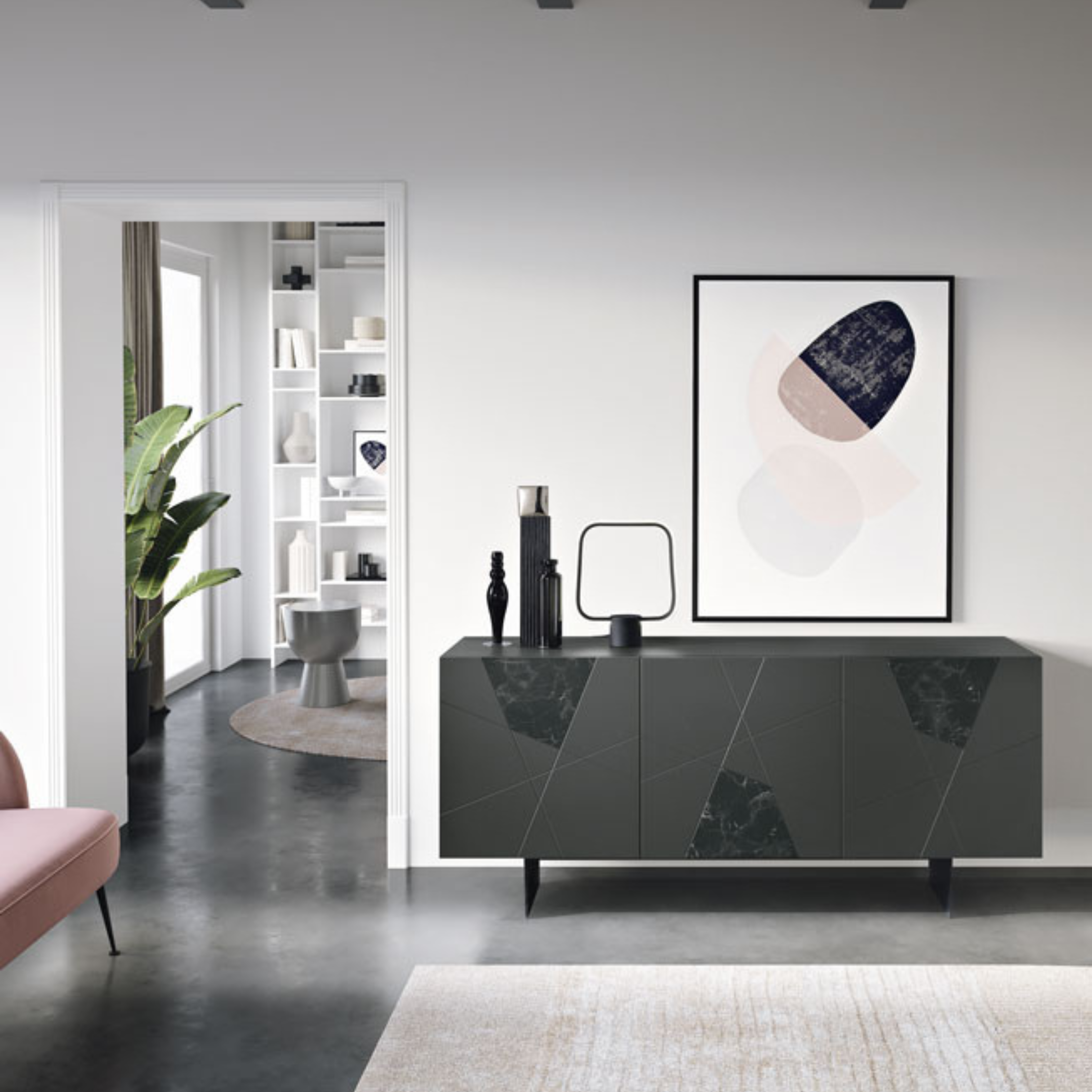 Modern 3-door "Adelaide" sideboard in wood with marble-effect glass inserts, 180x50 cm, 80 cm high