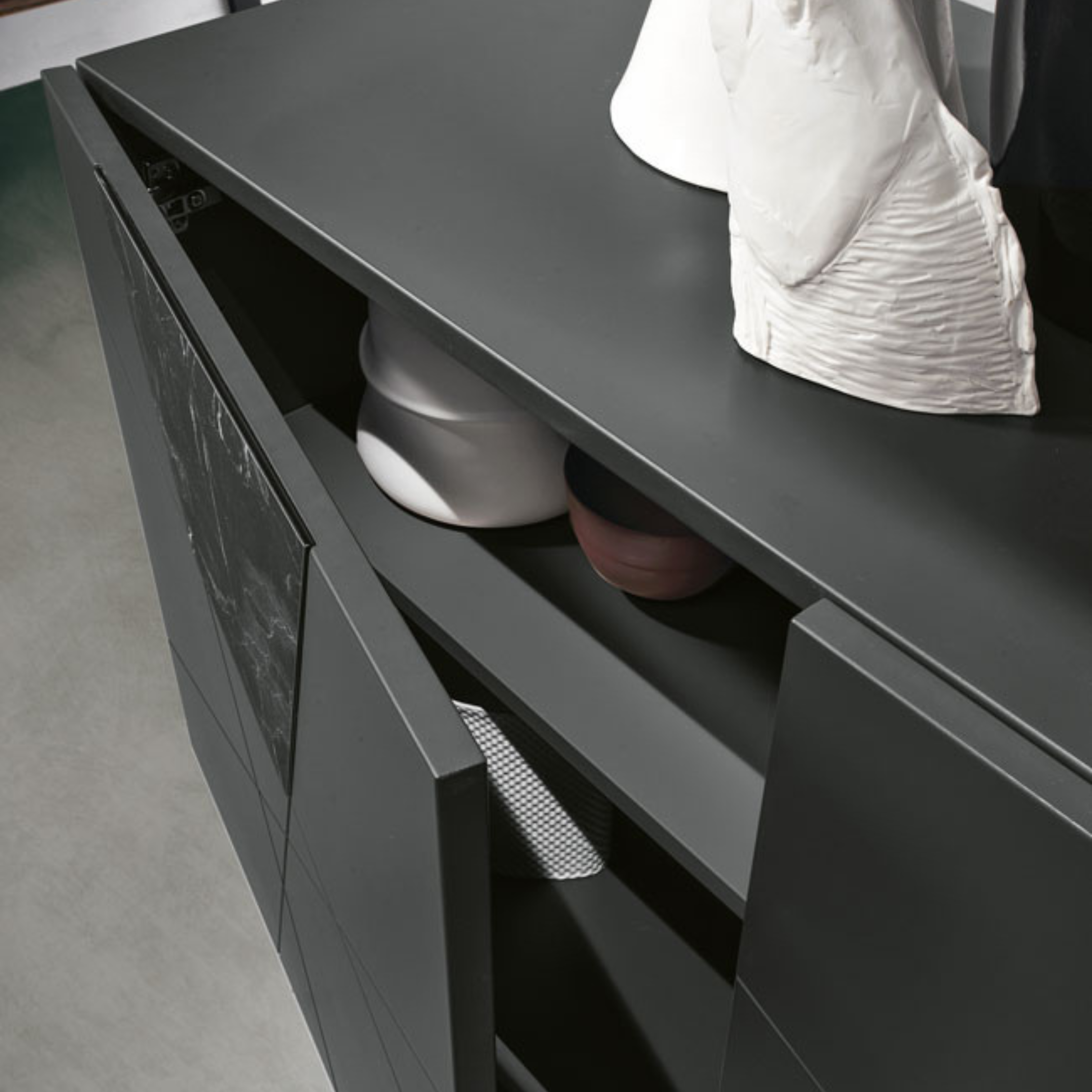 Modern 3-door "Adelaide" sideboard in wood with marble-effect glass inserts, 180x50 cm, 80 cm high