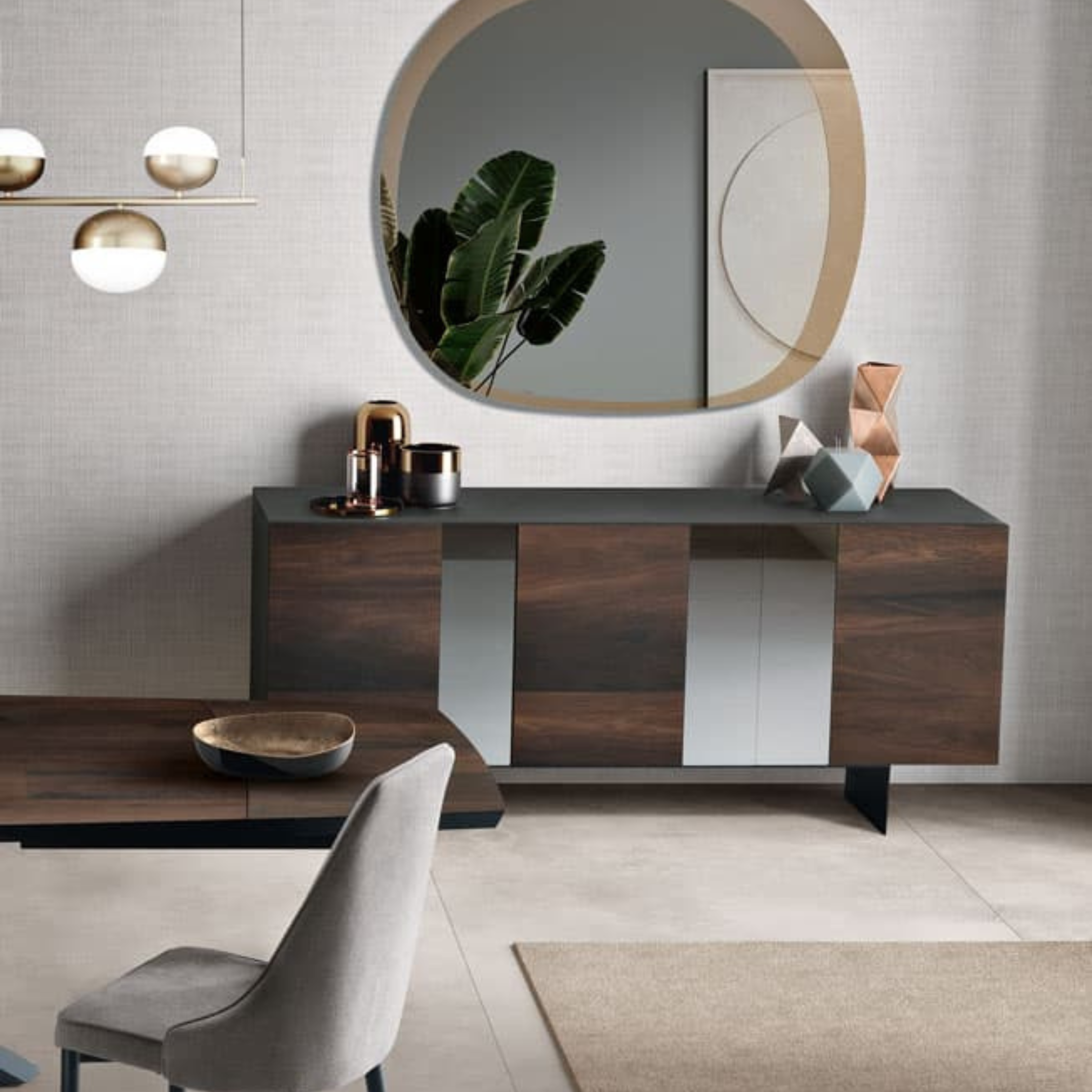 Modern 3-door sideboard "Isabel" already assembled in wood with mirror inserts, 180x50 cm, 80 cm high.