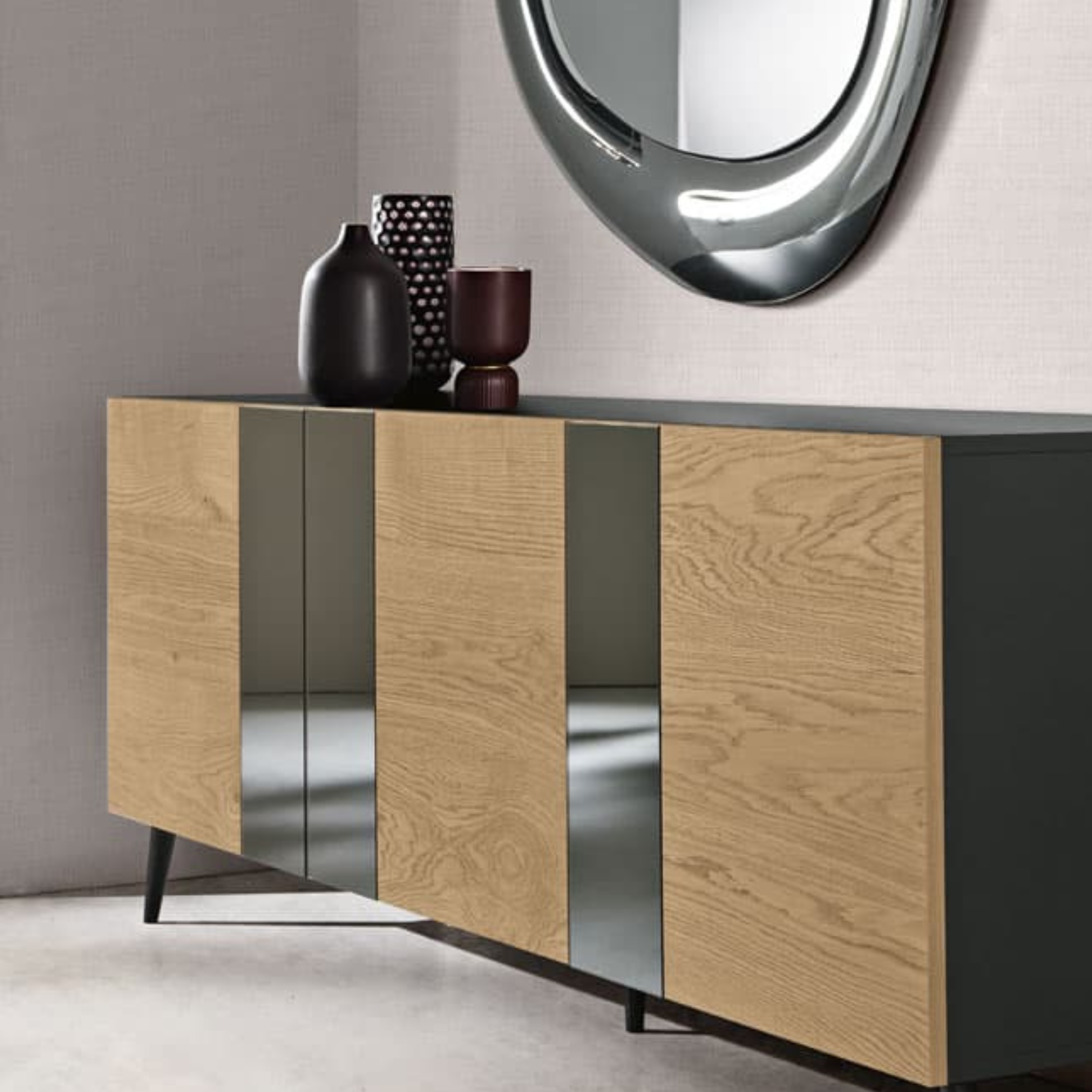 Modern 3-door sideboard "Isabel" already assembled in wood with mirror inserts, 180x50 cm, 80 cm high.