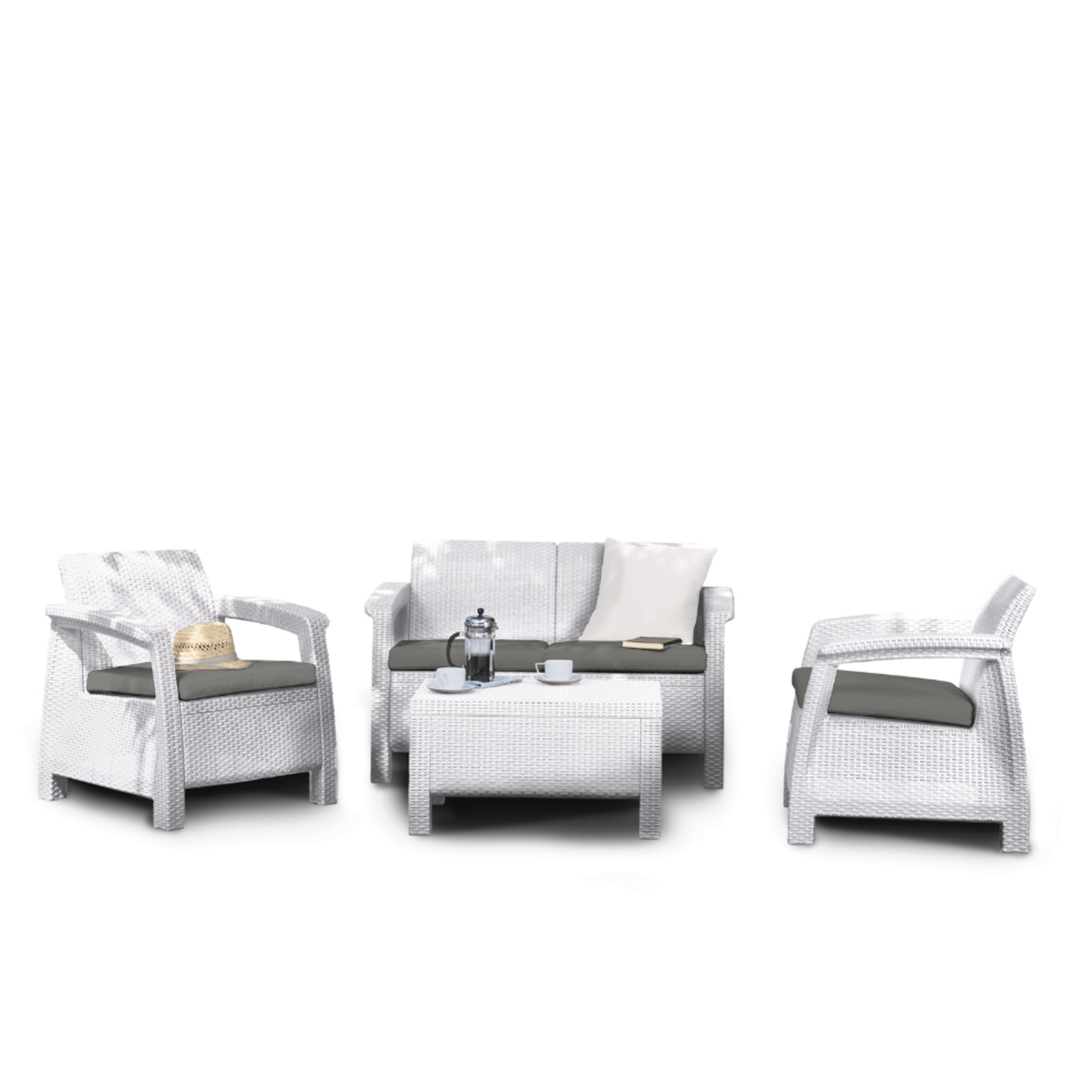 "Corfu" garden lounge set: two-seater sofa, two armchairs, and a coffee table.