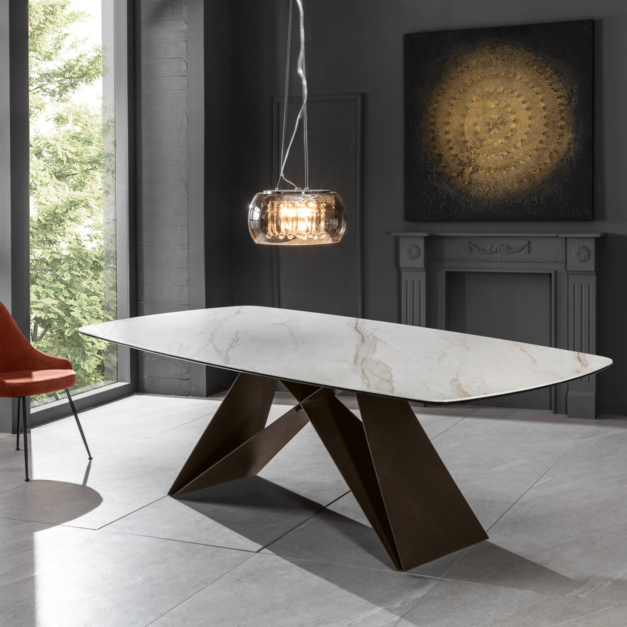 "Loyra" modern fixed table in ceramic on tempered glass with a marble effect, 220x110 cm, 76 cm high.