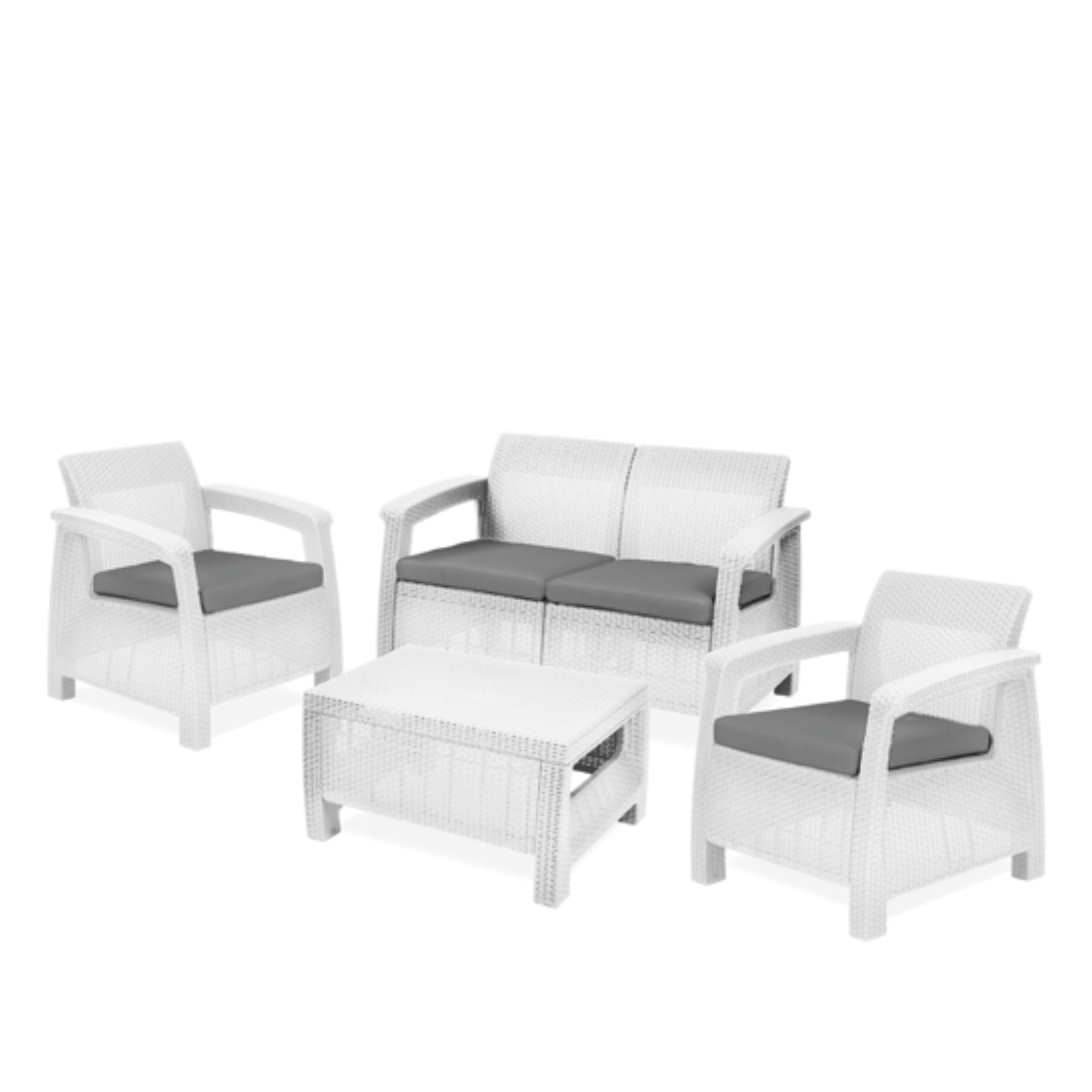 "Corfu" garden lounge set: two-seater sofa, two armchairs, and a coffee table.