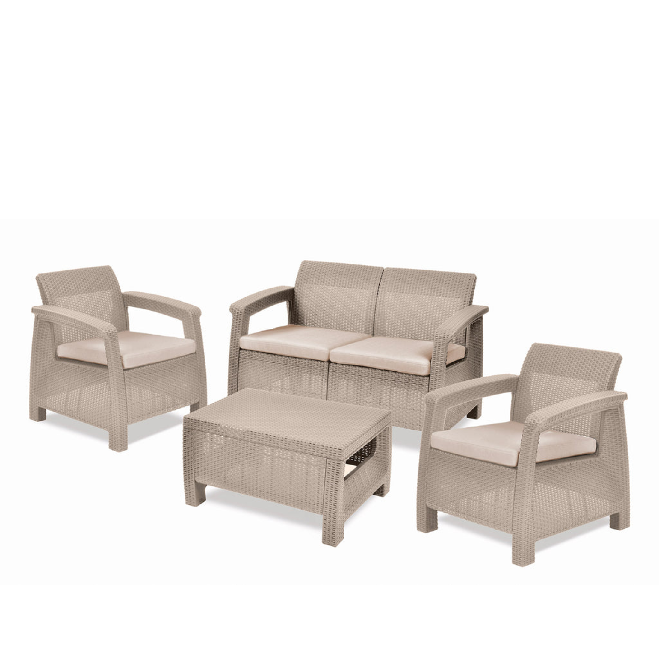 "Corfu" garden lounge set: two-seater sofa, two armchairs, and a coffee table.