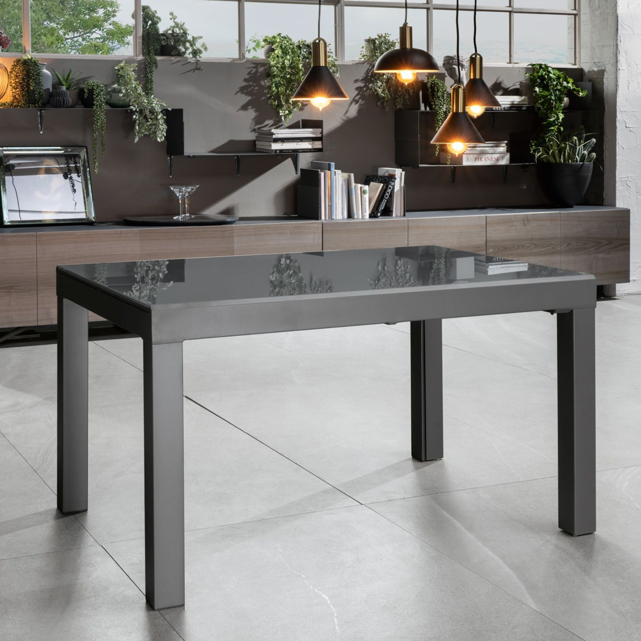 Extendable table "Rodi" glass top metal frame 10 seats cm 120/350x83 75h