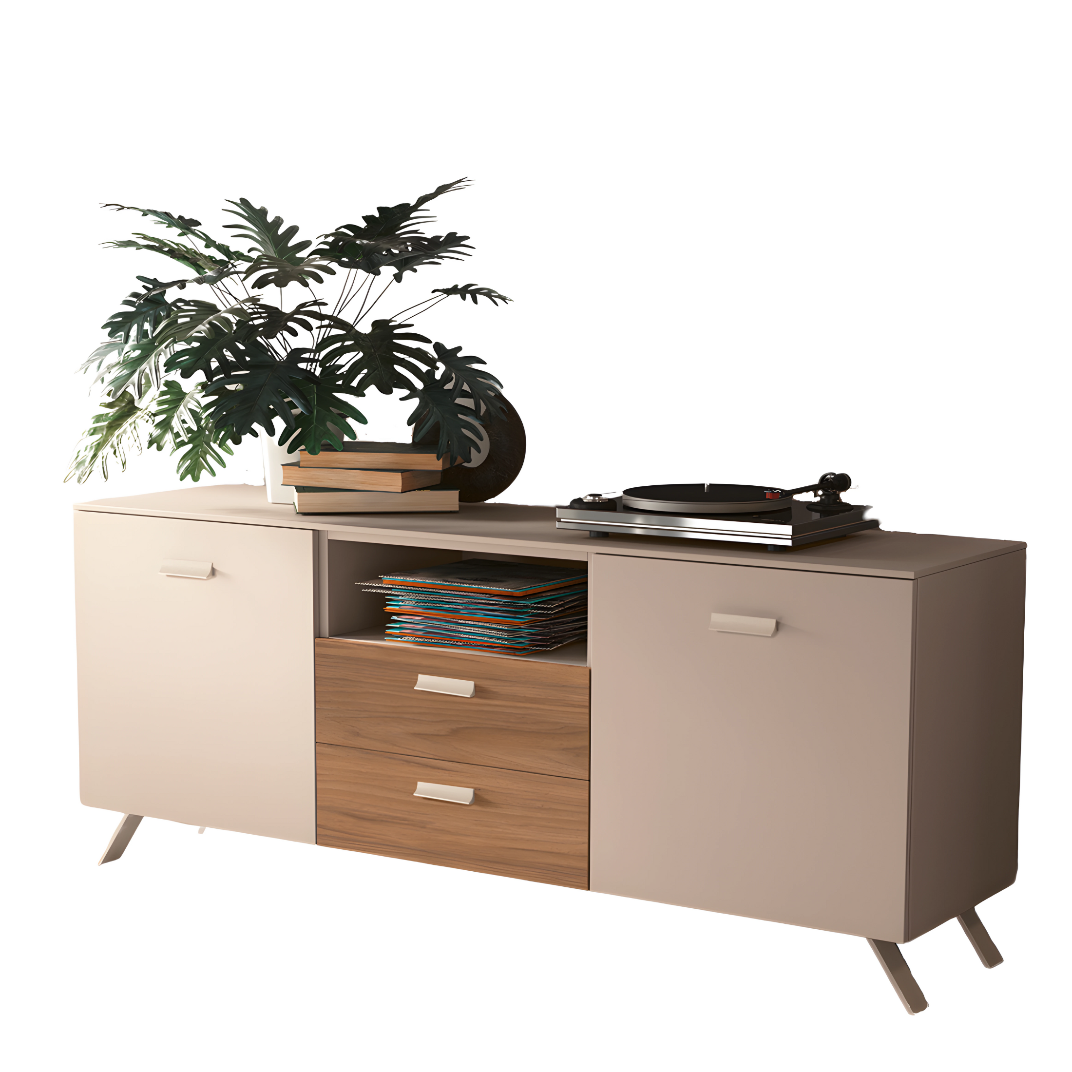Modern sideboard "Abaco" cashmere and walnut with 2 doors 2 drawers painted metal foot cm 180x47,5 85h