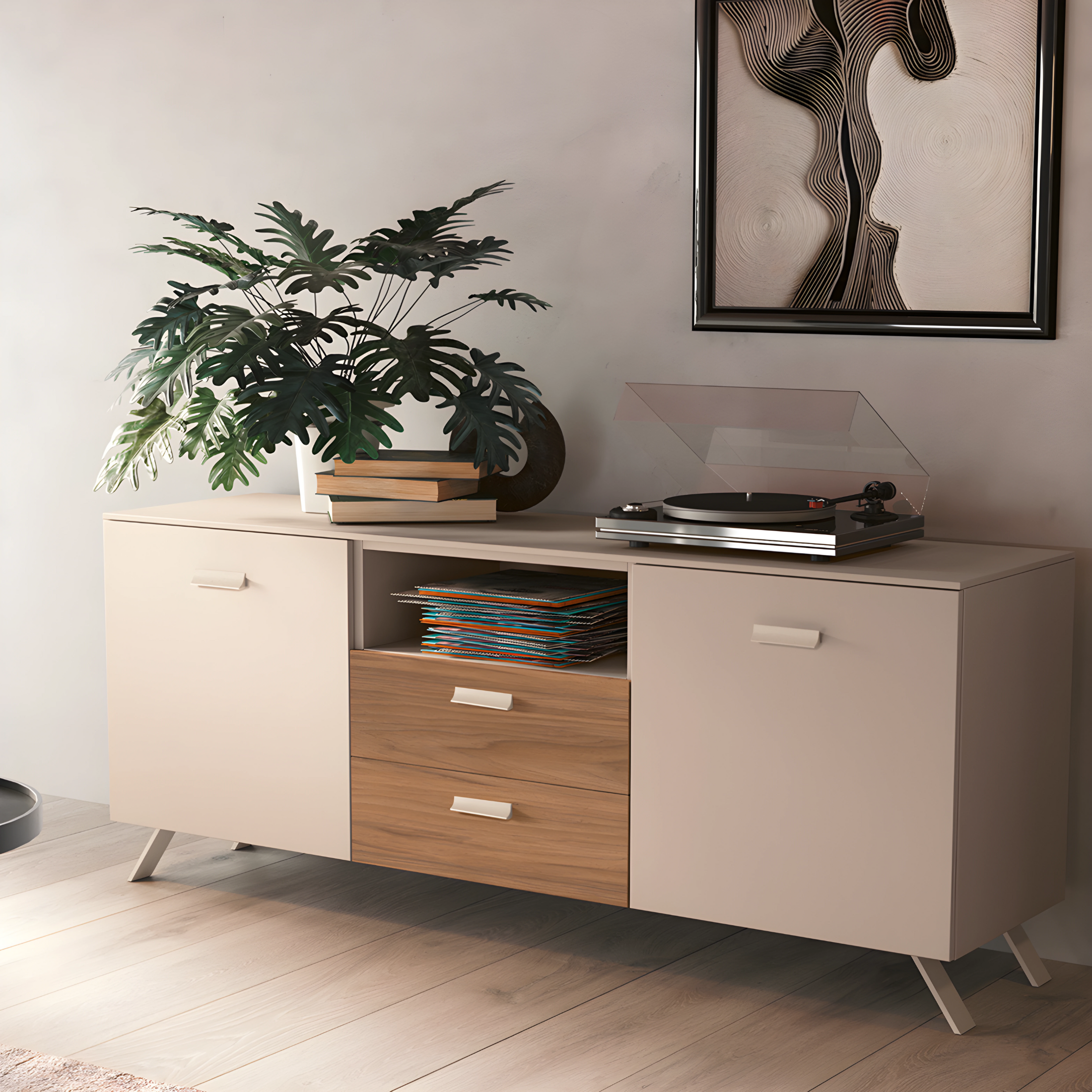 Modern sideboard "Abaco" cashmere and walnut with 2 doors 2 drawers painted metal foot cm 180x47,5 85h