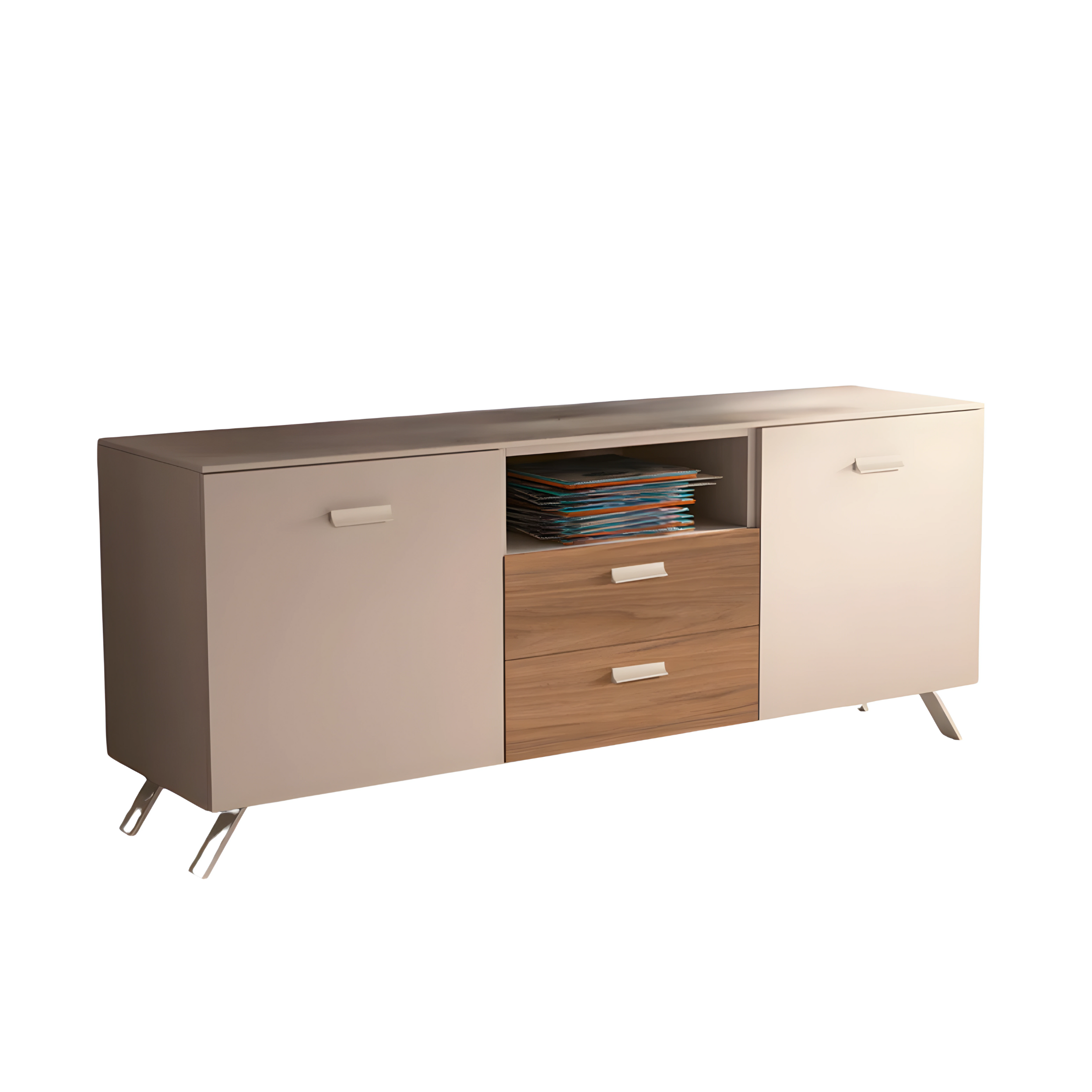 Modern sideboard "Abaco" cashmere and walnut with 2 doors 2 drawers painted metal foot cm 180x47,5 85h