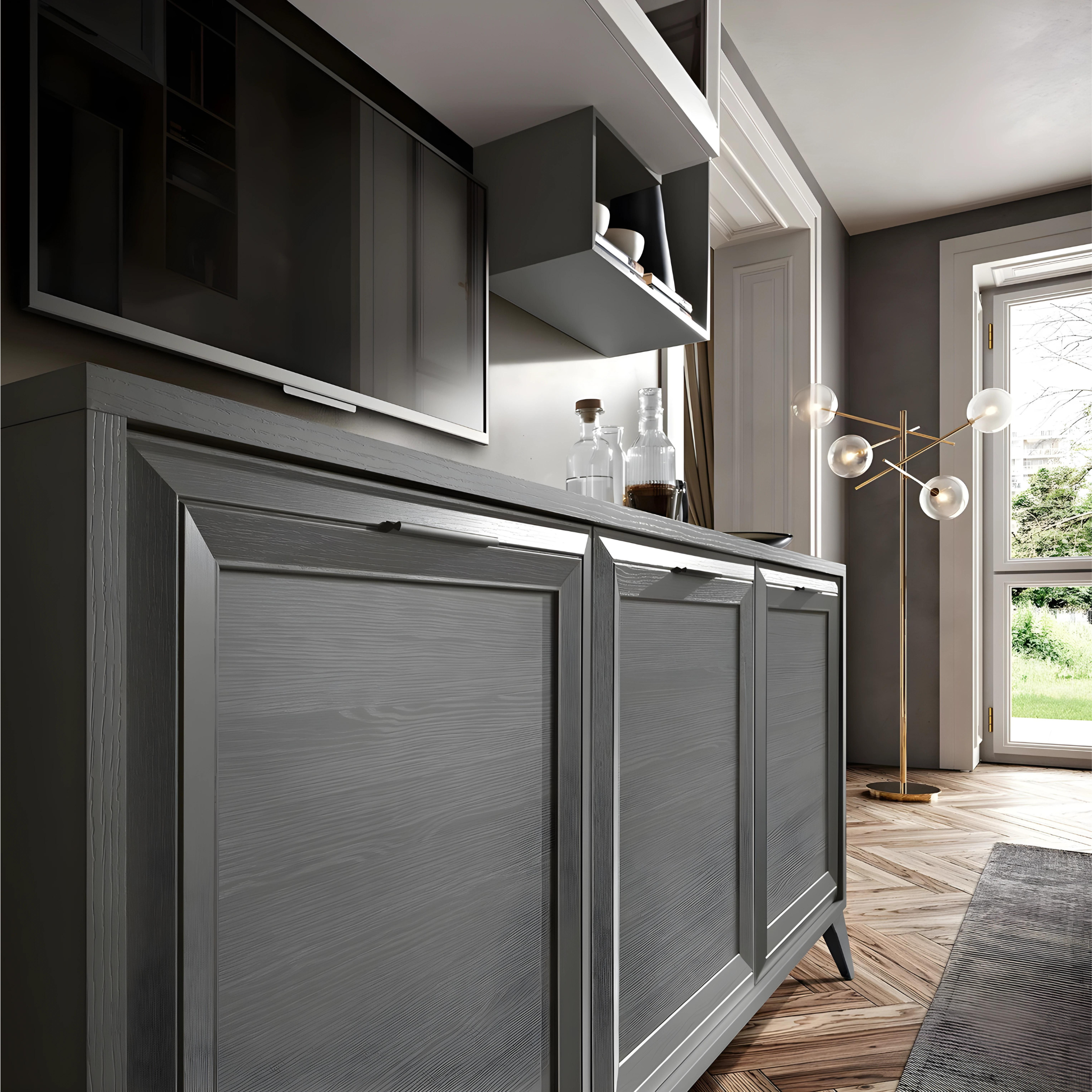 Modern 3-door "Jazz" sideboard in London wood with metal feet, 185x51.5 cm, 78.5 cm high.