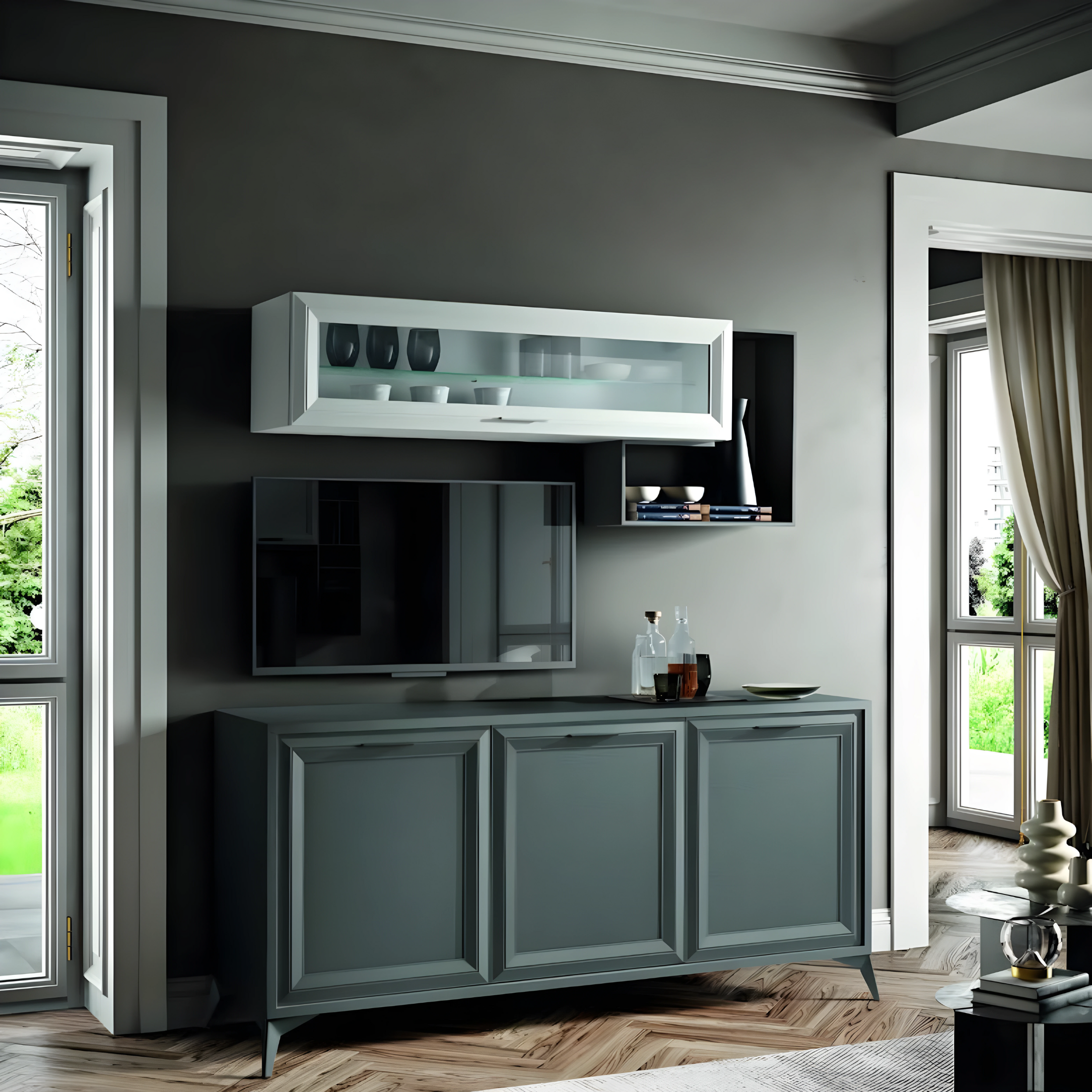 Modern 3-door "Jazz" sideboard in London wood with metal feet, 185x51.5 cm, 78.5 cm high.