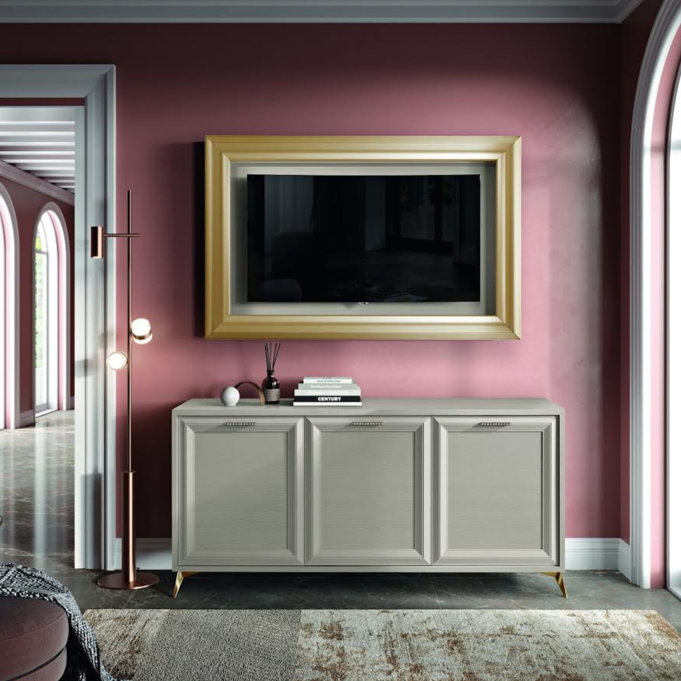 Modern 3-door "Jazz" sideboard in London wood with metal feet, 185x51.5 cm, 78.5 cm high.