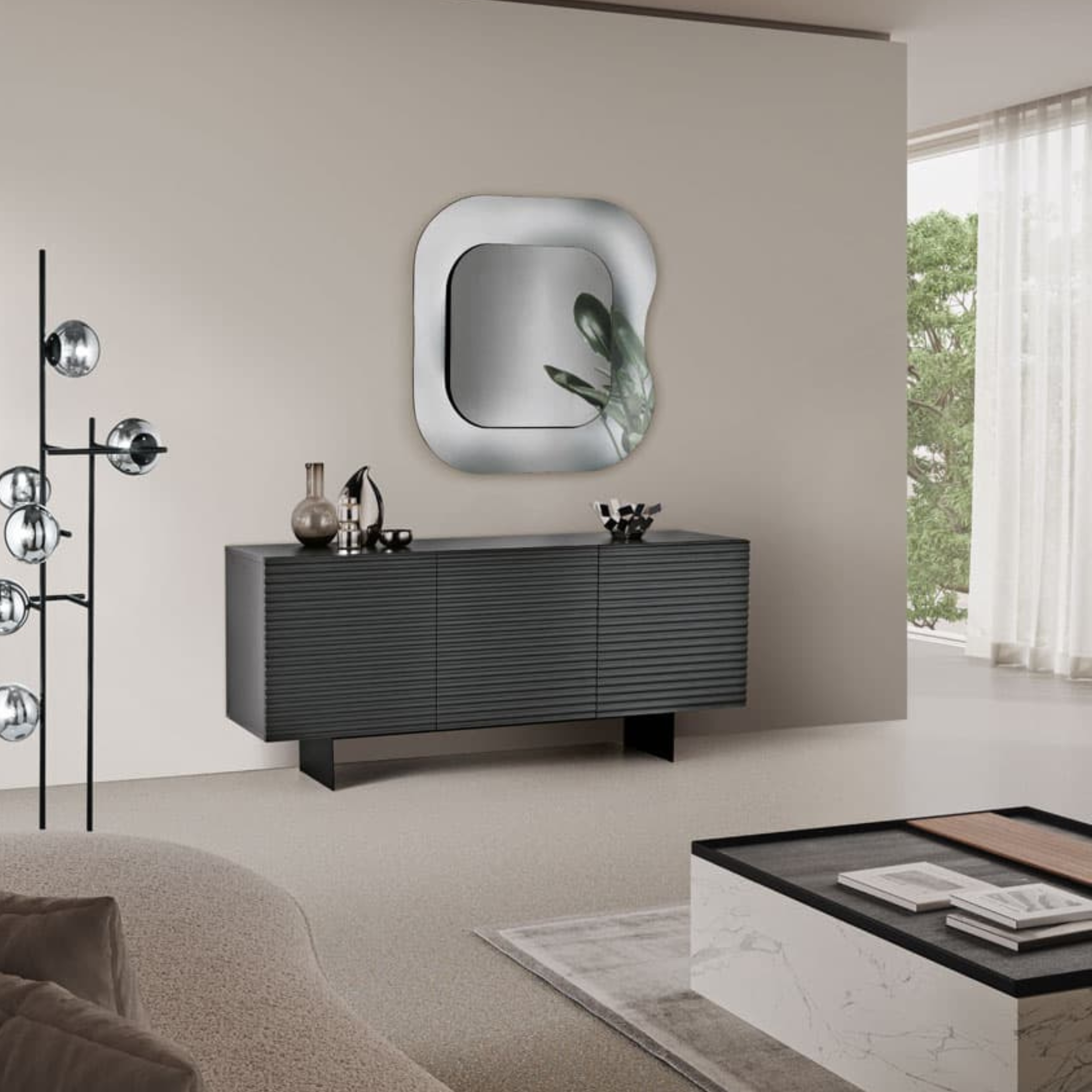 Modern 3-door sideboard "Nadia1" already assembled in lacquered wood with two painted metal feet cm 180x50 80h