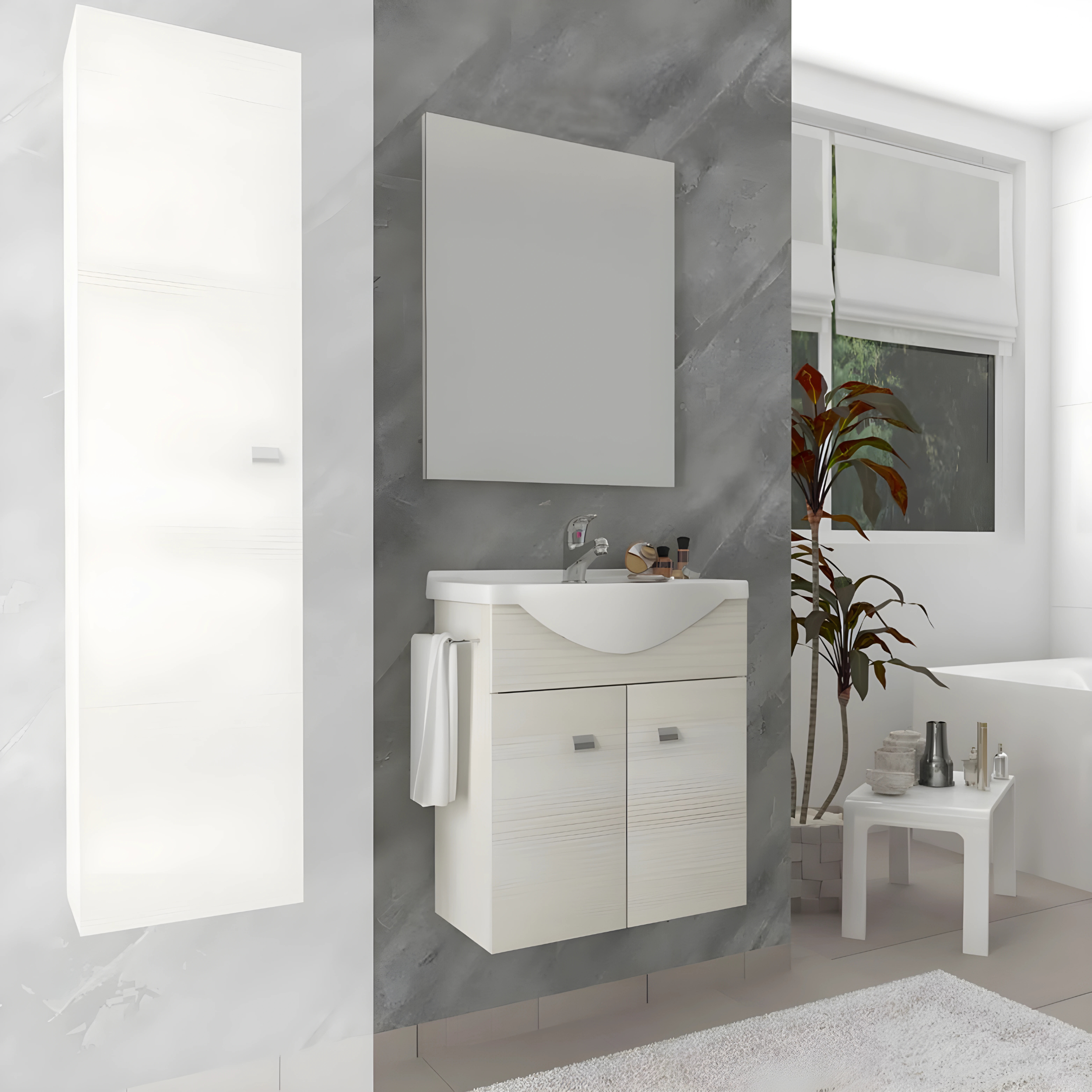 "Moa55" wall-hung bathroom cabinet with console sink and doors with chrome handles and LED mirror