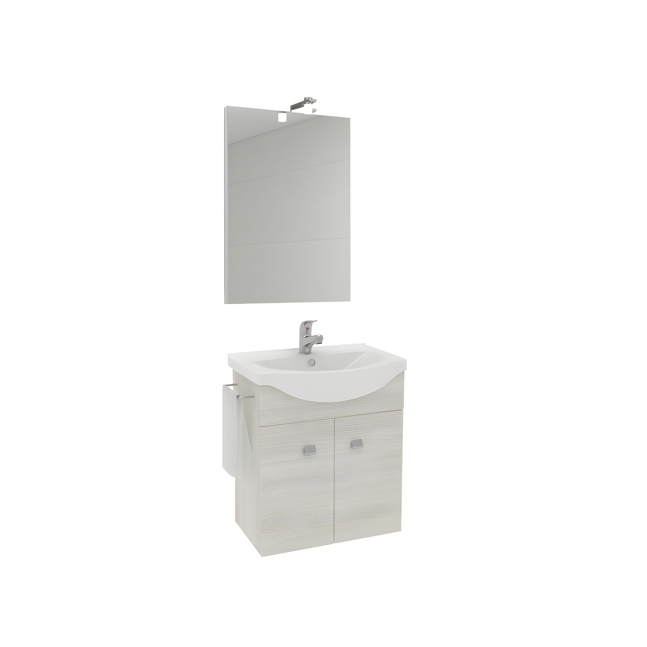 "Moa55" wall-hung bathroom cabinet with console sink and doors with chrome handles and LED mirror