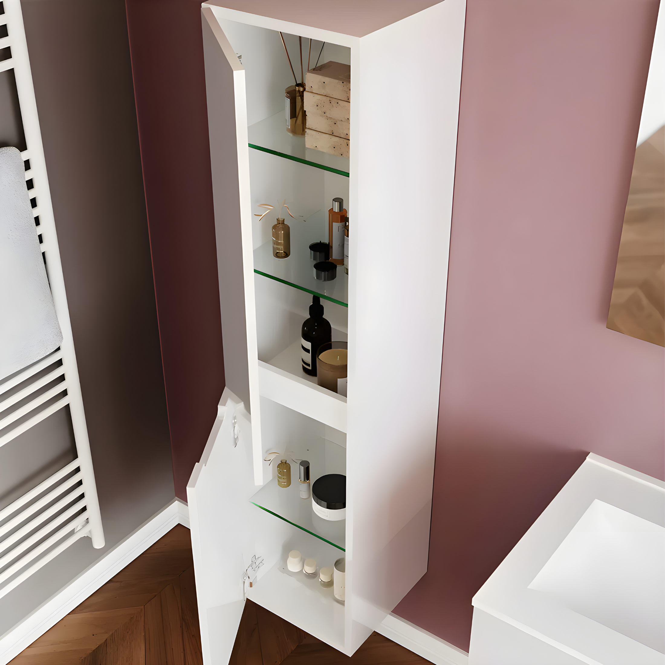 "Rhovan" bathroom column with glass shelves and two reversible doors, 34x36 cm, 140 cm high