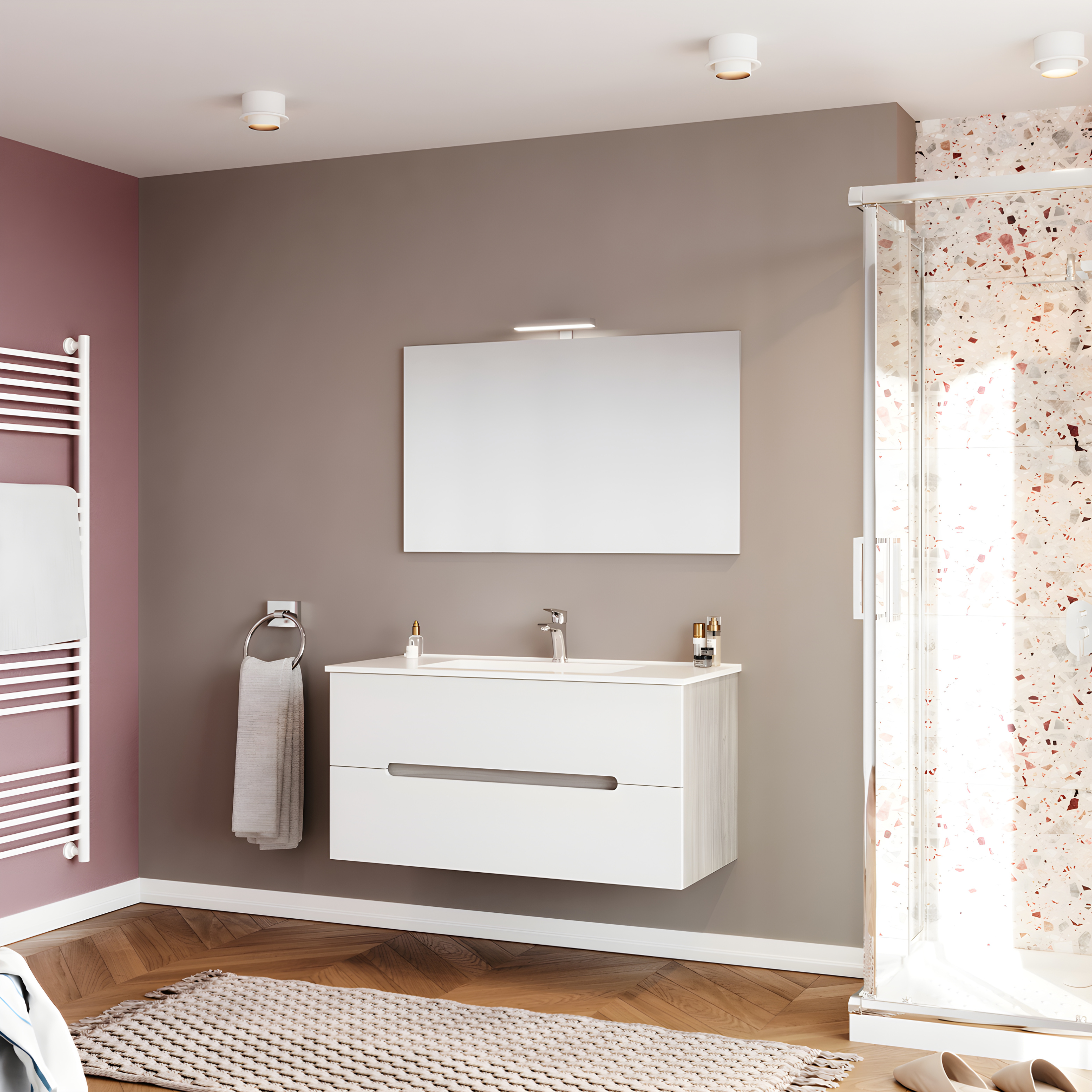 "Rhovan" bathroom cabinet with base, sink and LED mirror