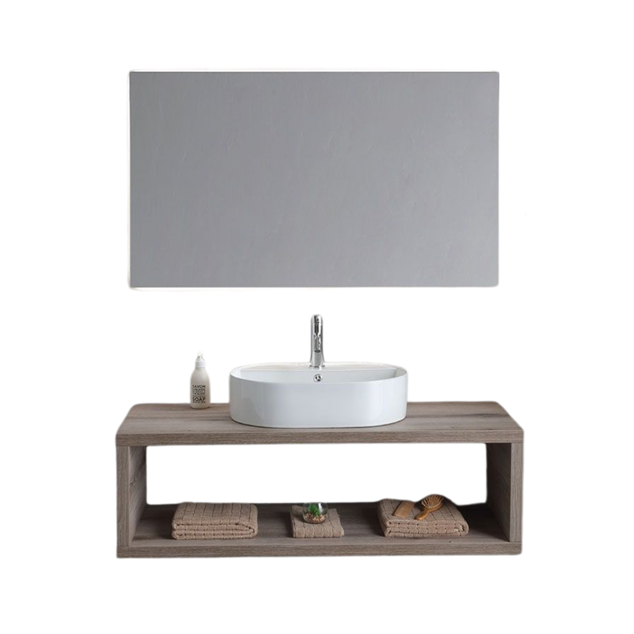 Mobile bagno sospeso rovere fossile "Samoa" 120 cm con lavabo ovale e specchio rettangolare LED