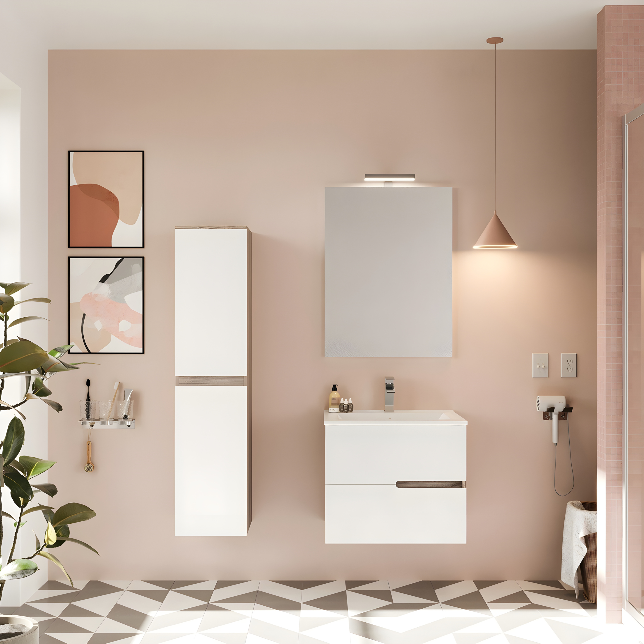 "Sara" modern wall-hung wooden bathroom cabinet with 2 sink drawers and LED mirror