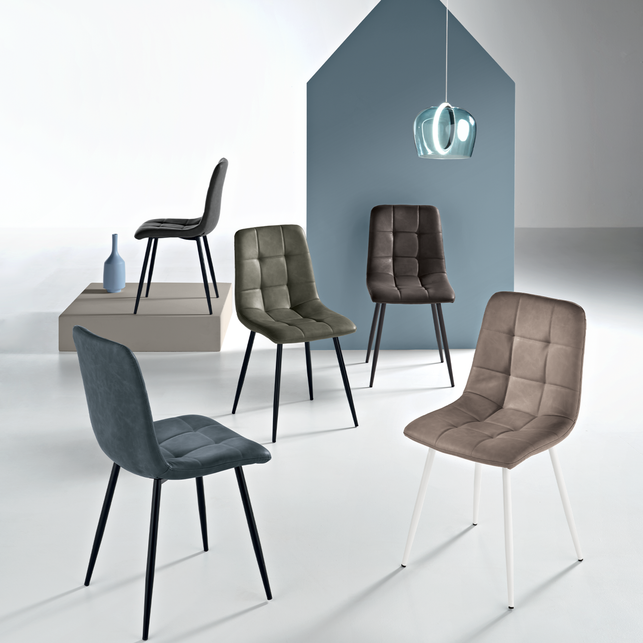 Set of modern "Siviglia" chairs, painted metal frame, soft-touch eco-leather seat.