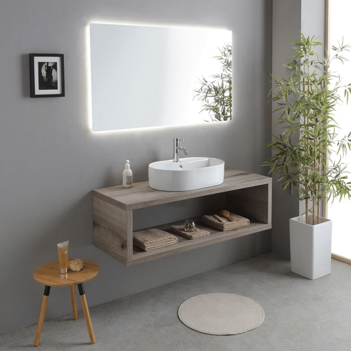 Mobile bagno sospeso rovere fossile "Samoa" 120 cm con lavabo ovale e specchio rettangolare LED - MondoViro