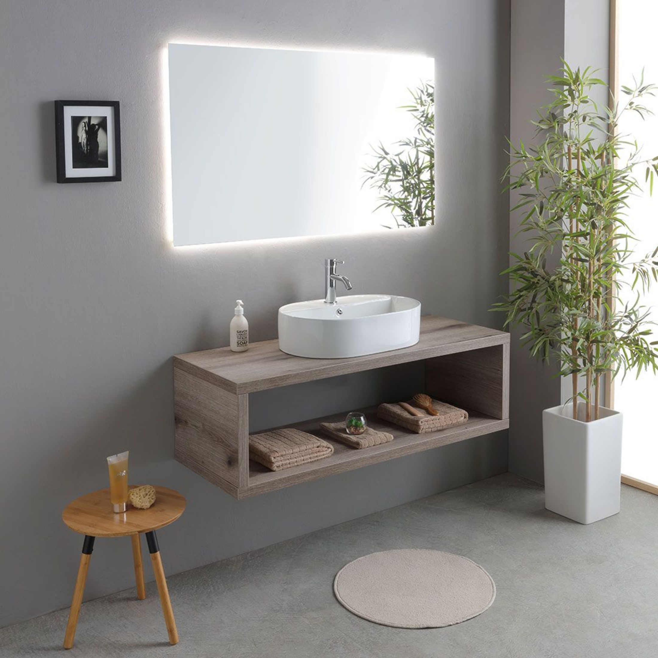 Mobile bagno sospeso rovere fossile "Samoa" 120 cm con lavabo ovale e specchio rettangolare LED