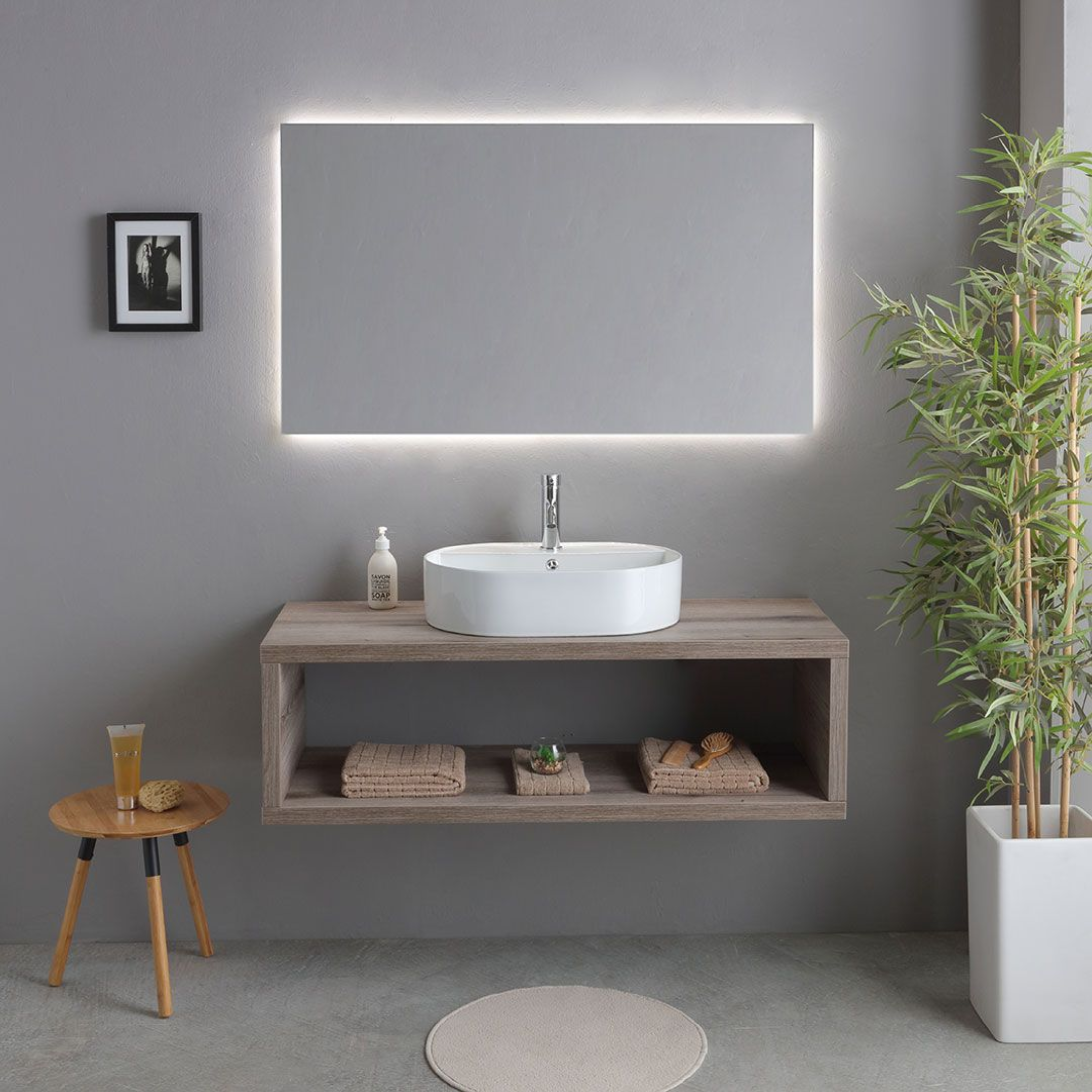 "Samoa" 120cm wall-hung bathroom cabinet in fossil oak with oval sink and rectangular LED mirror