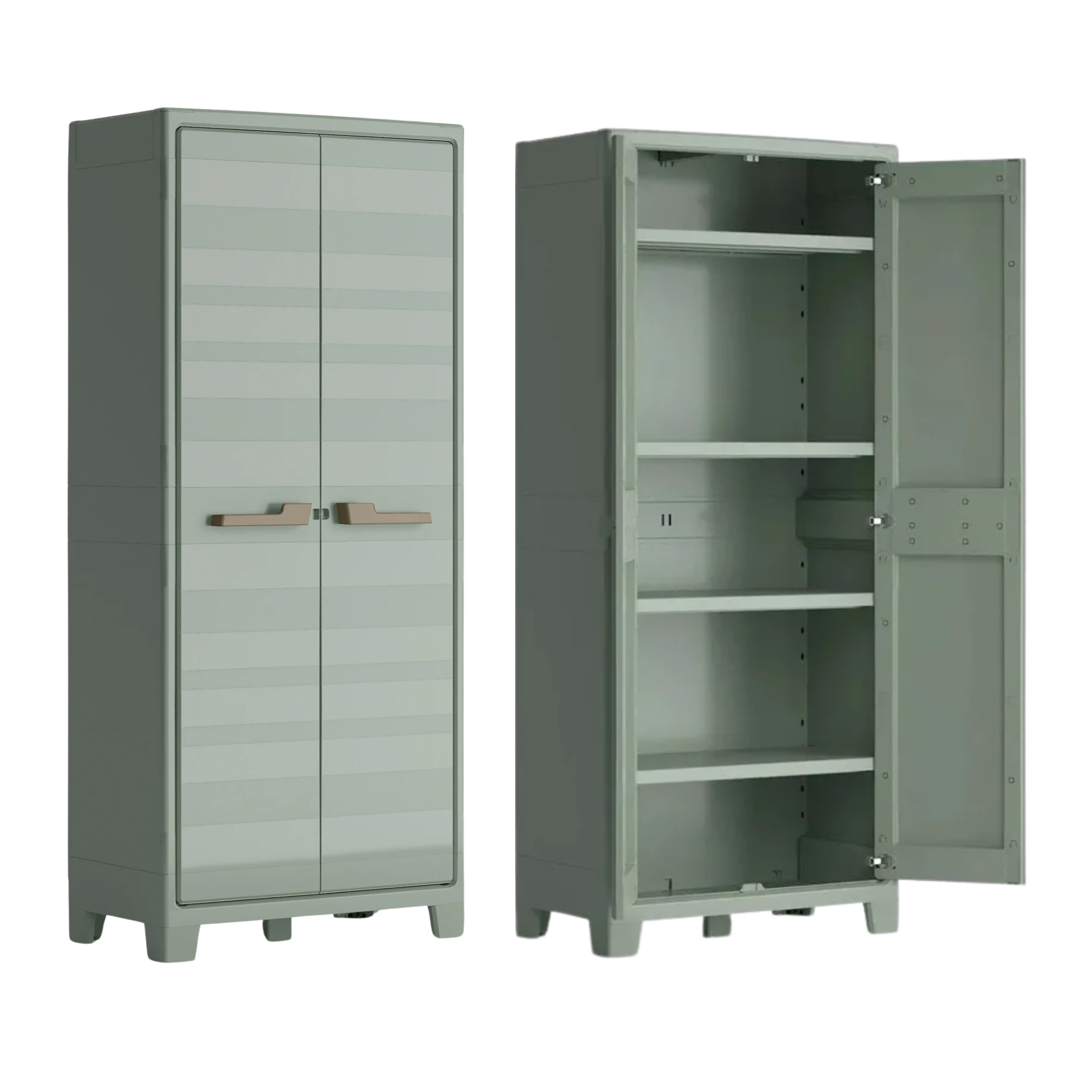 "Garden 2.0" resin garden cabinet with raised feet and internal shelves