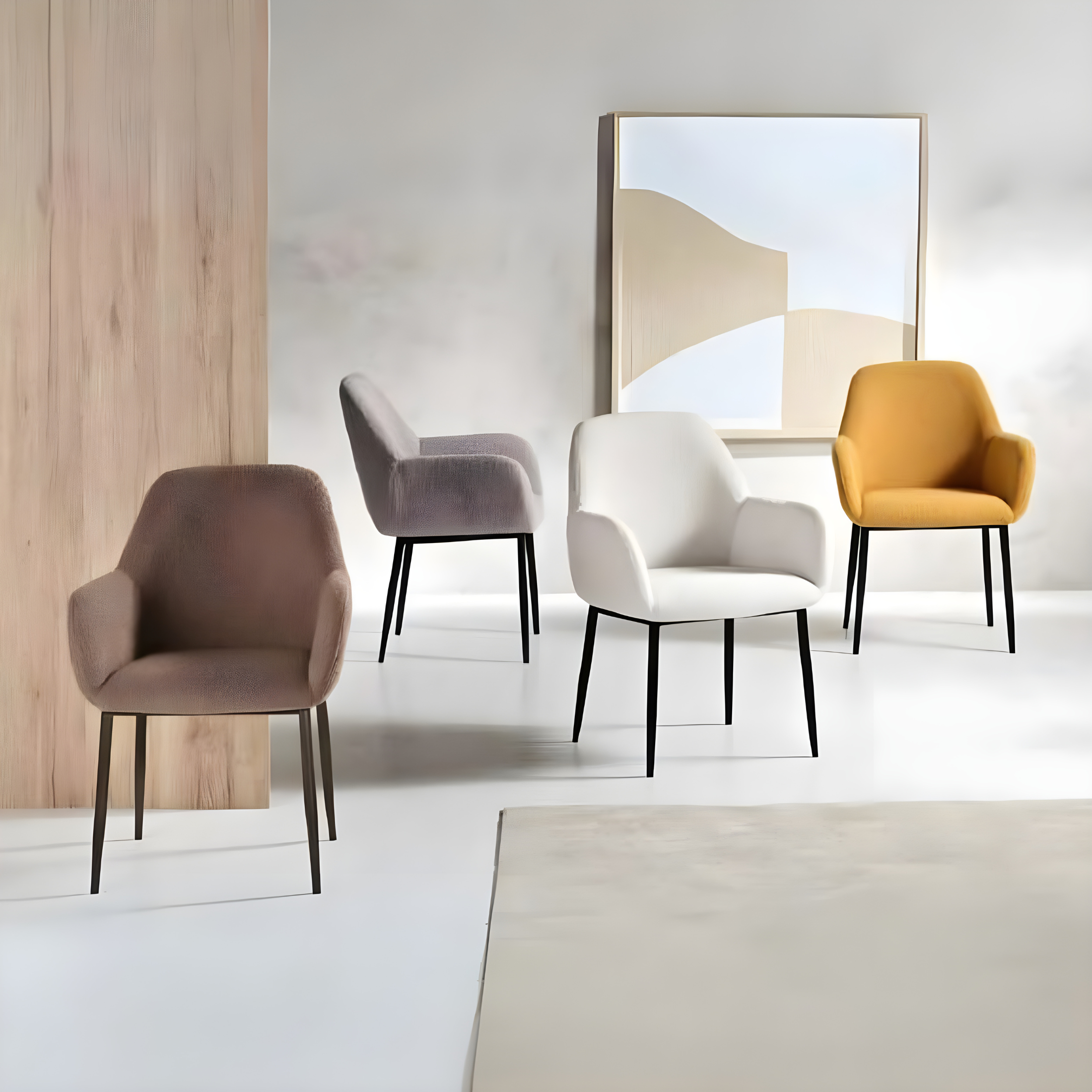 Set of "Tessandro" dining chairs in padded fabric, 60x62 cm, 85 cm high.