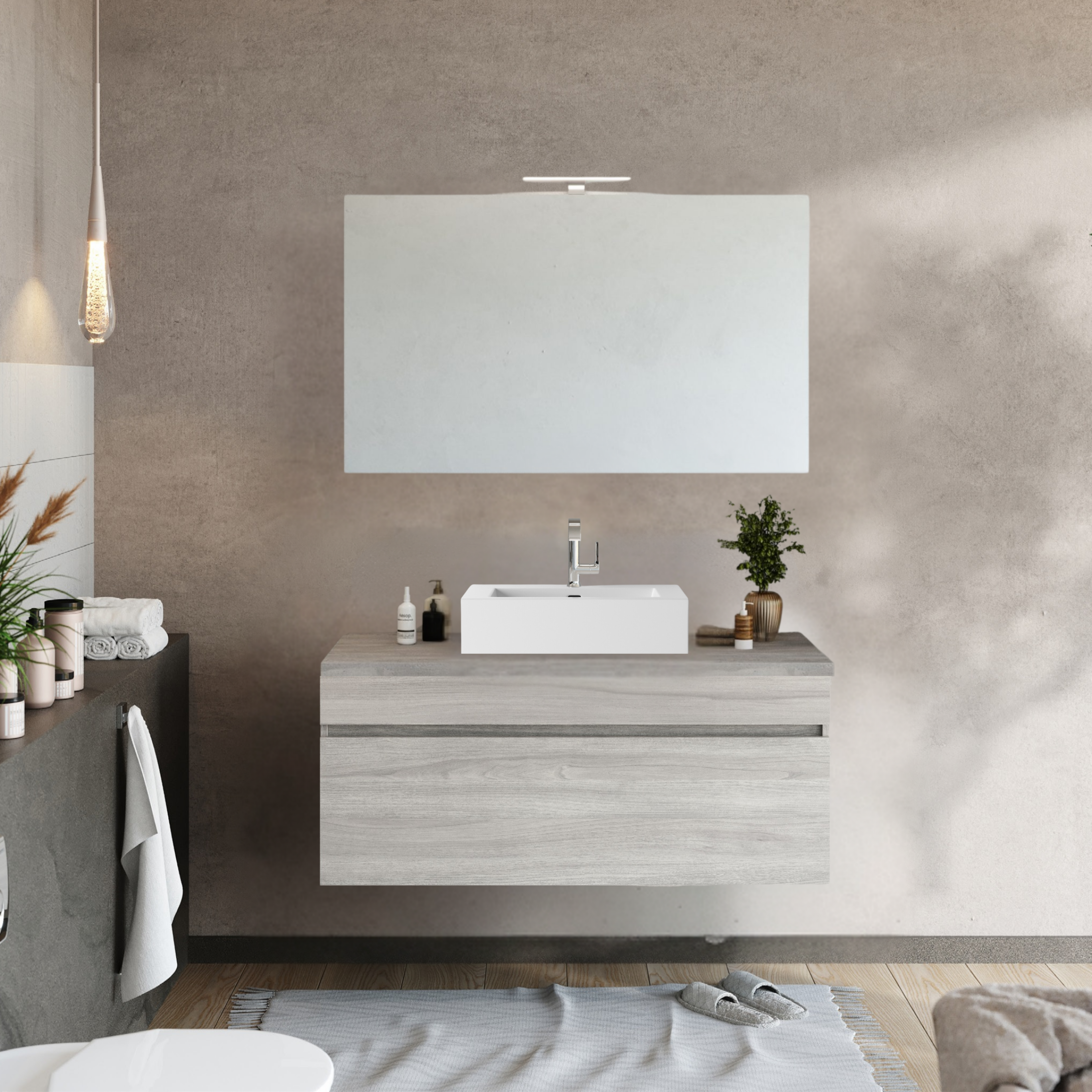 "Velira1" modern wall-hung wooden bathroom cabinet with LED mirror and top