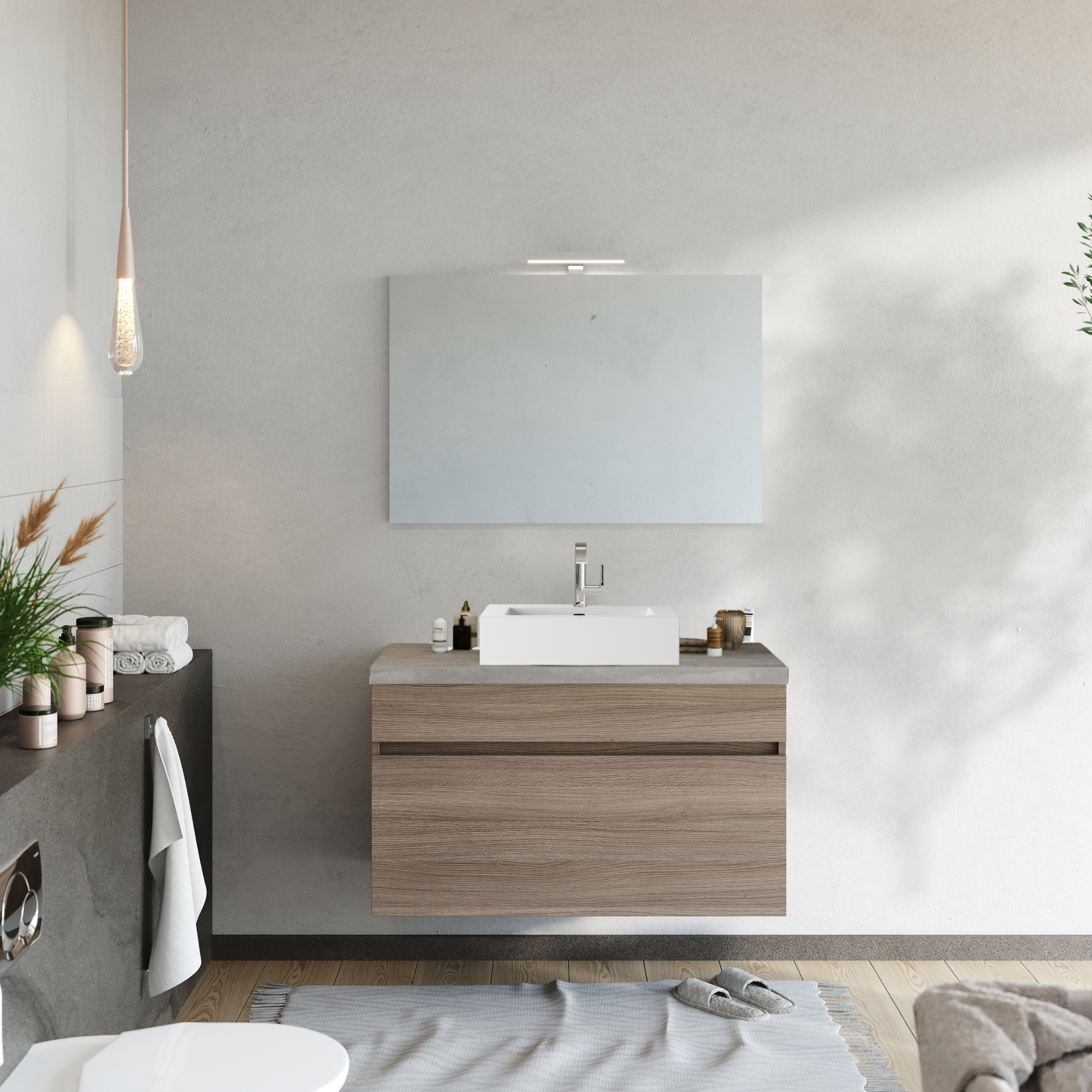"Velira1" modern wall-hung wooden bathroom cabinet with LED mirror and top