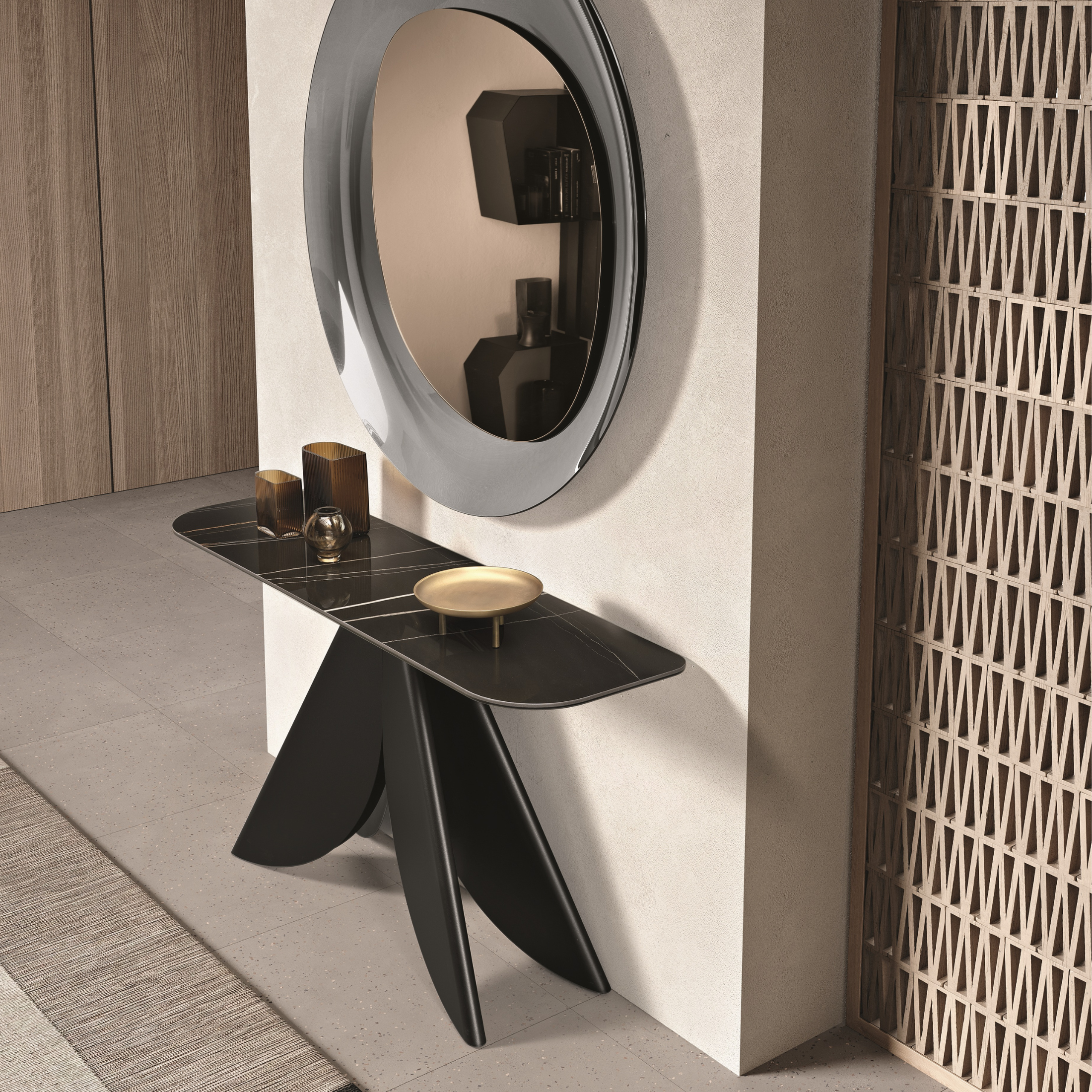 "Versus" console table with black or pearl beige painted metal base, 140x40 cm, 76h