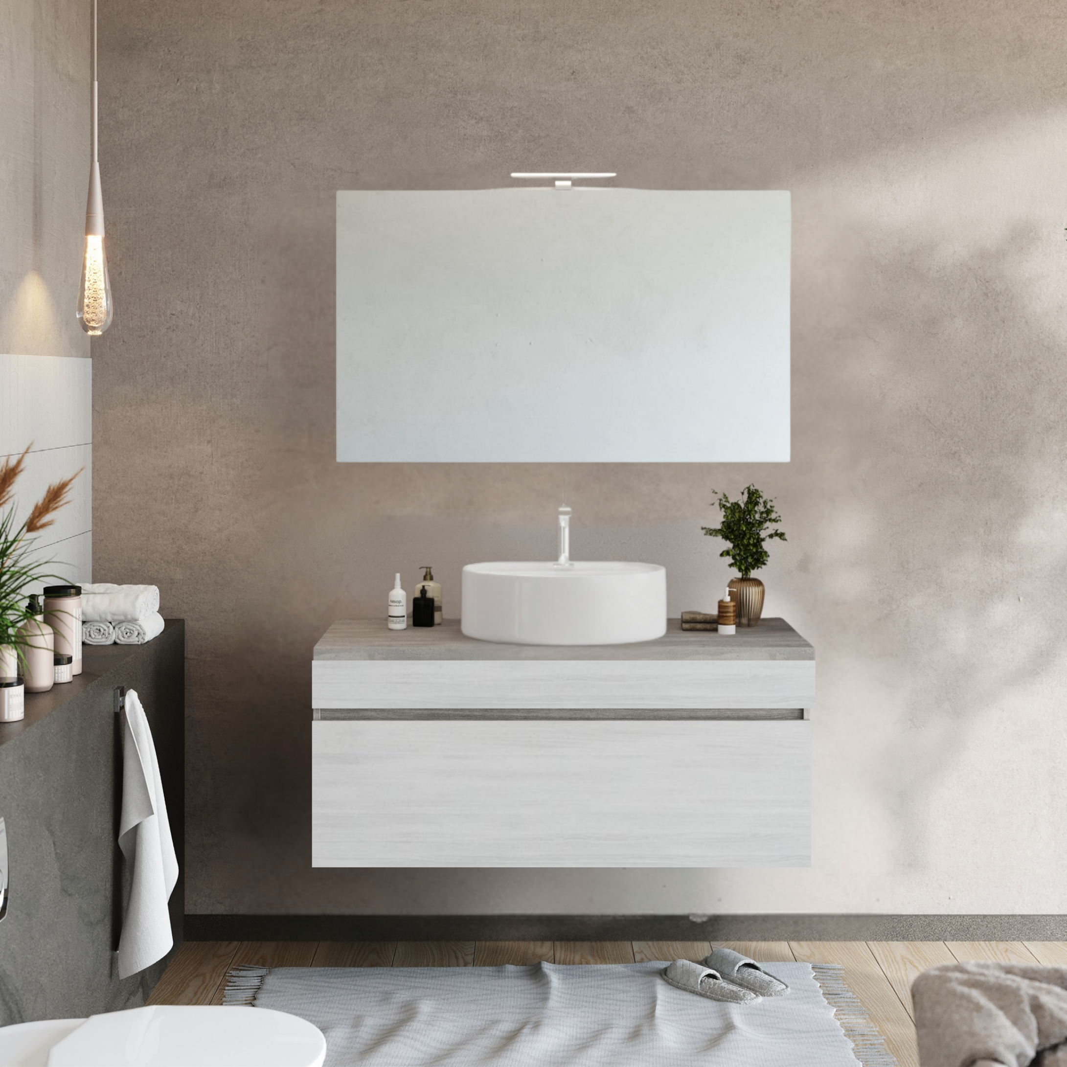 "Velira1" modern wall-hung wooden bathroom cabinet with LED mirror and top