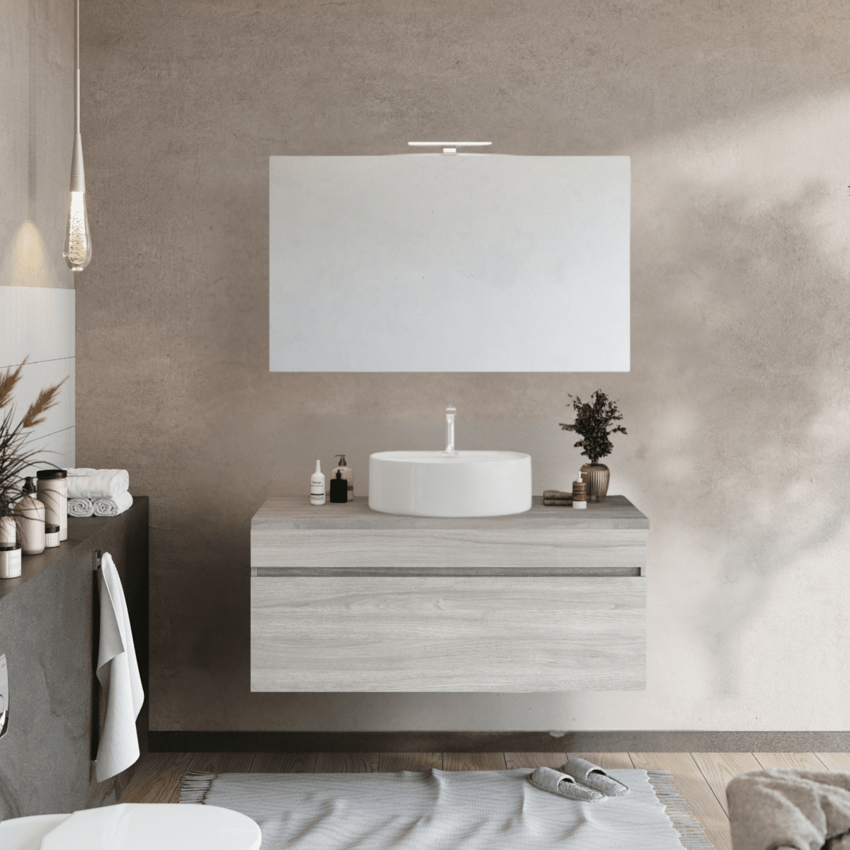 Mobile da bagno sospeso moderno "Velira1" in legno con top e specchio LED - MondoViro