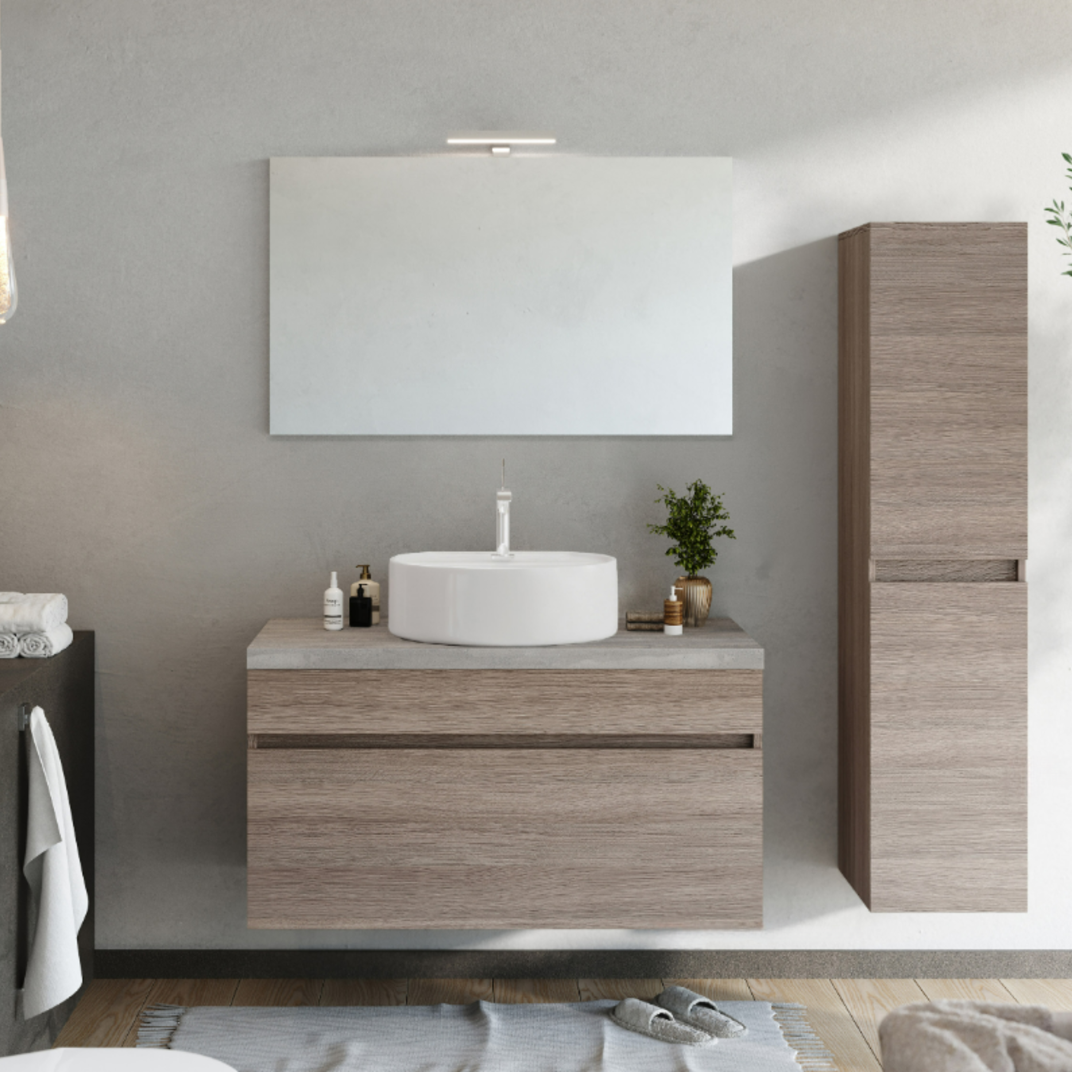 "Velira1" modern wall-hung wooden bathroom cabinet with LED mirror and top