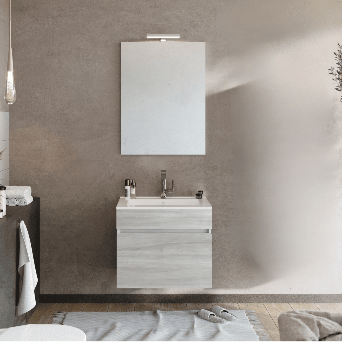 Mobile da bagno sospeso moderno "Velira" con lavabo integrato e specchio LED - MondoViro