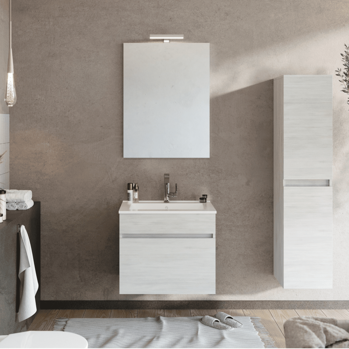 Mobile da bagno sospeso moderno "Velira" con lavabo integrato e specchio LED - MondoViro