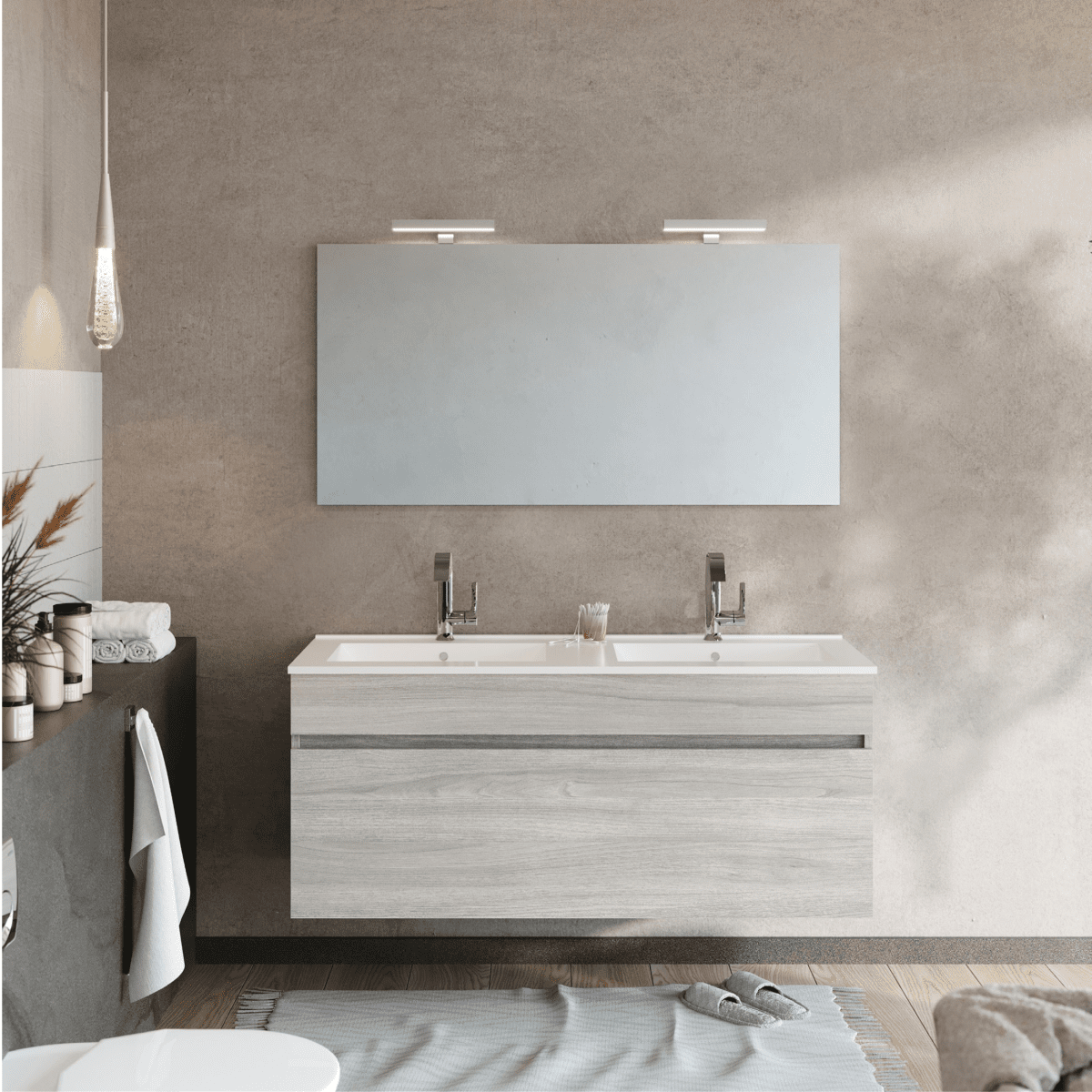 Mobile da bagno sospeso moderno "Velira" con lavabo integrato e specchio LED - MondoViro
