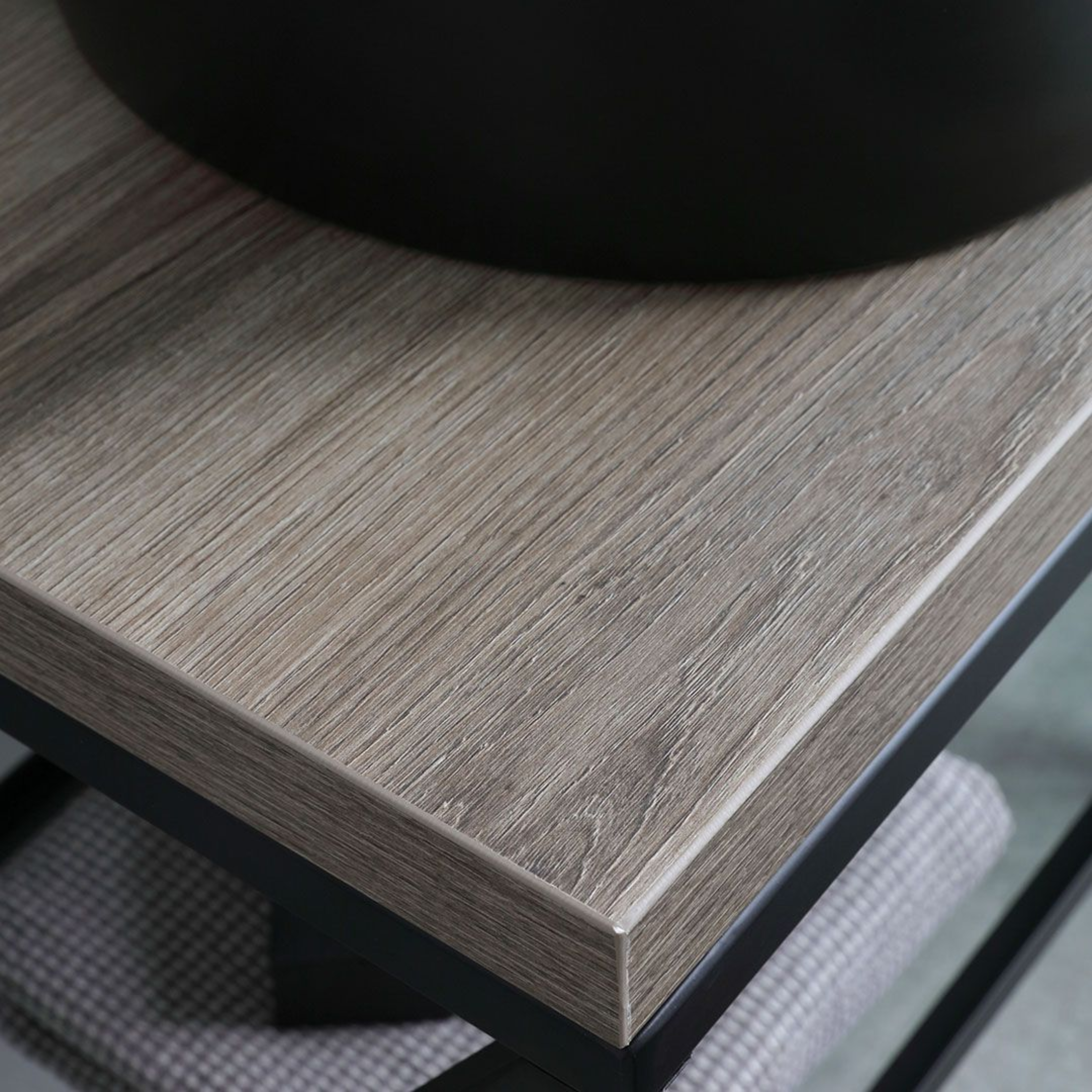 "Victoria" floor-standing bathroom cabinet in fossil oak with oval matt black ceramic sink and 80 cm round mirror