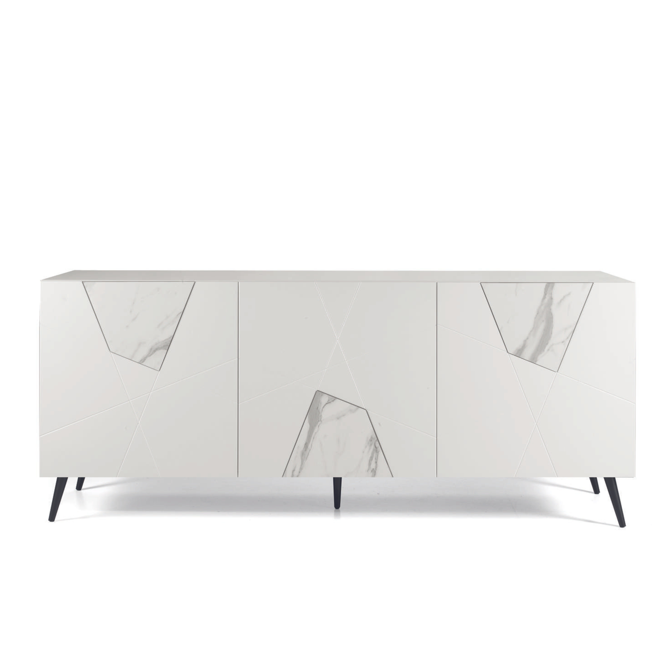 Modern 3-door "Adelaide" sideboard in wood with marble-effect glass inserts, 180x50 cm, 80 cm high