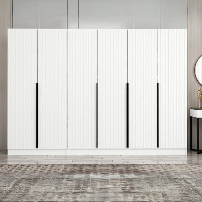 6-door "Kale" wardrobe in white ribbed wood, 270x52 cm, 210 cm high